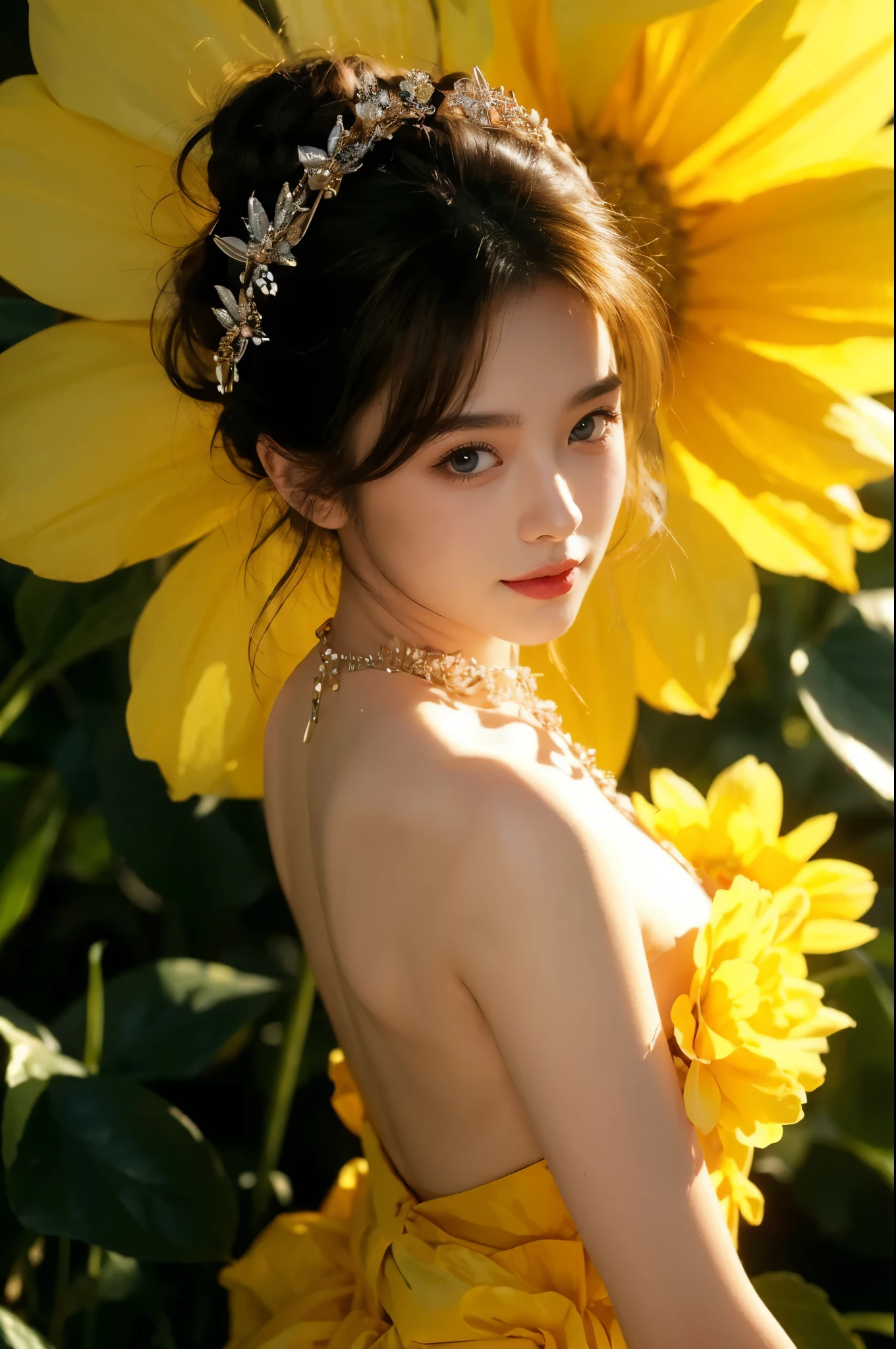 (Best Quality, Masterpiece: 1.2), Portrait, Breasts, Outdoor, 25-year-old woman in the garden: 2, White miniskirt, (Pale yellow flower mess in the background: 1.3) Same character, different costume, different angle, backlight: 1.7, rich skin detail: 1.8,