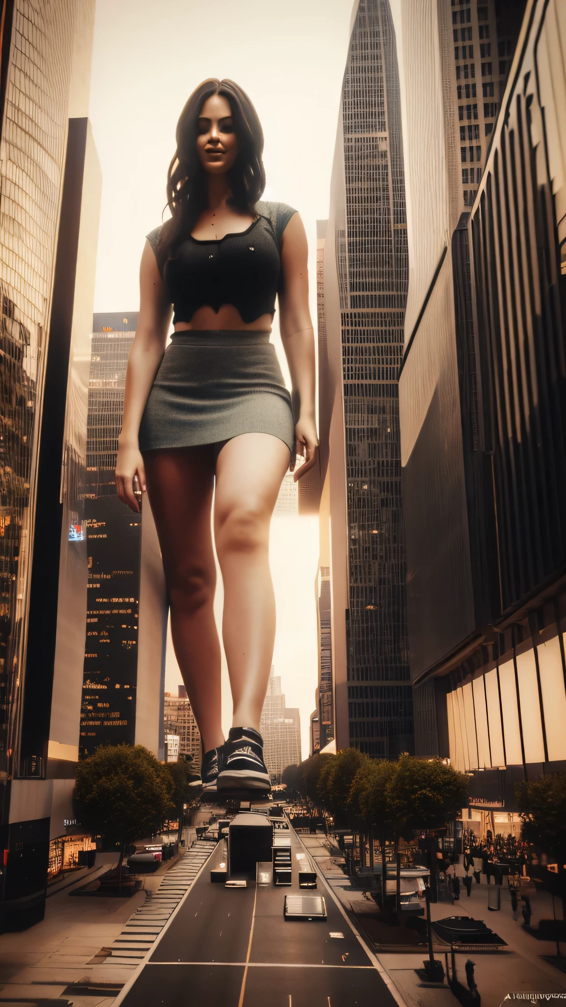 A giant woman sitting on the street playing with a cyberpunk city car, Little guys running around the giant girl, Standing on her hand, cgsociety 9, fantasy art, unreal engine render + a female spirit, whole body cgsociety, artgerm ; Surreal content, giant art, super detailed matte paintings, super detailed matte paintings, realistic fantasy art, realistic style. Beautiful girl. Big thighs."Small people standing on the roof of a tall building waving to the girl."Wearing short skirts.Jennifer Lawrence.
