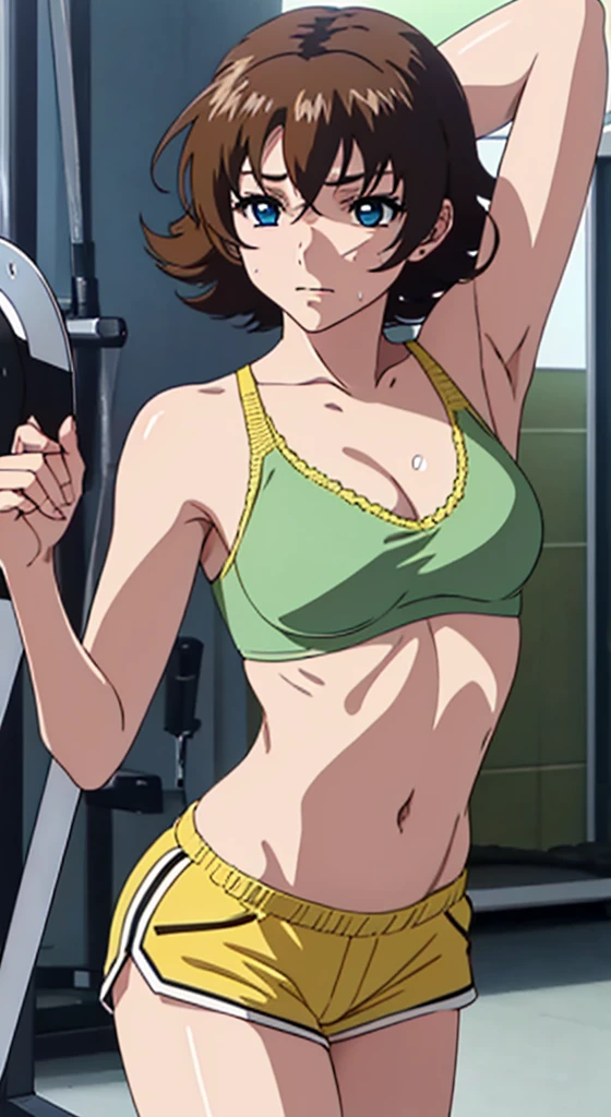 、(masterpiece、Highest quality)、Highest quality, Ultra-high resolution, (((masterpiece))), alone, Sweat、Big eyes, Composition from the front、Shortcuts、Embarrassed face、Bronze colored hair、Cut your hair short、Ocean、beach、Black Micro Bikini、belly button、short hair