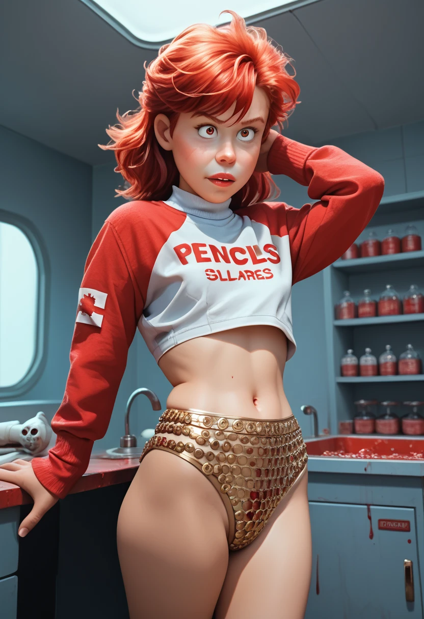 cabelo rosa com tiara, children&#39;underwear, sem a parte de baixo, you can see in full as she squats with her legs open and pisses a golden liquid 