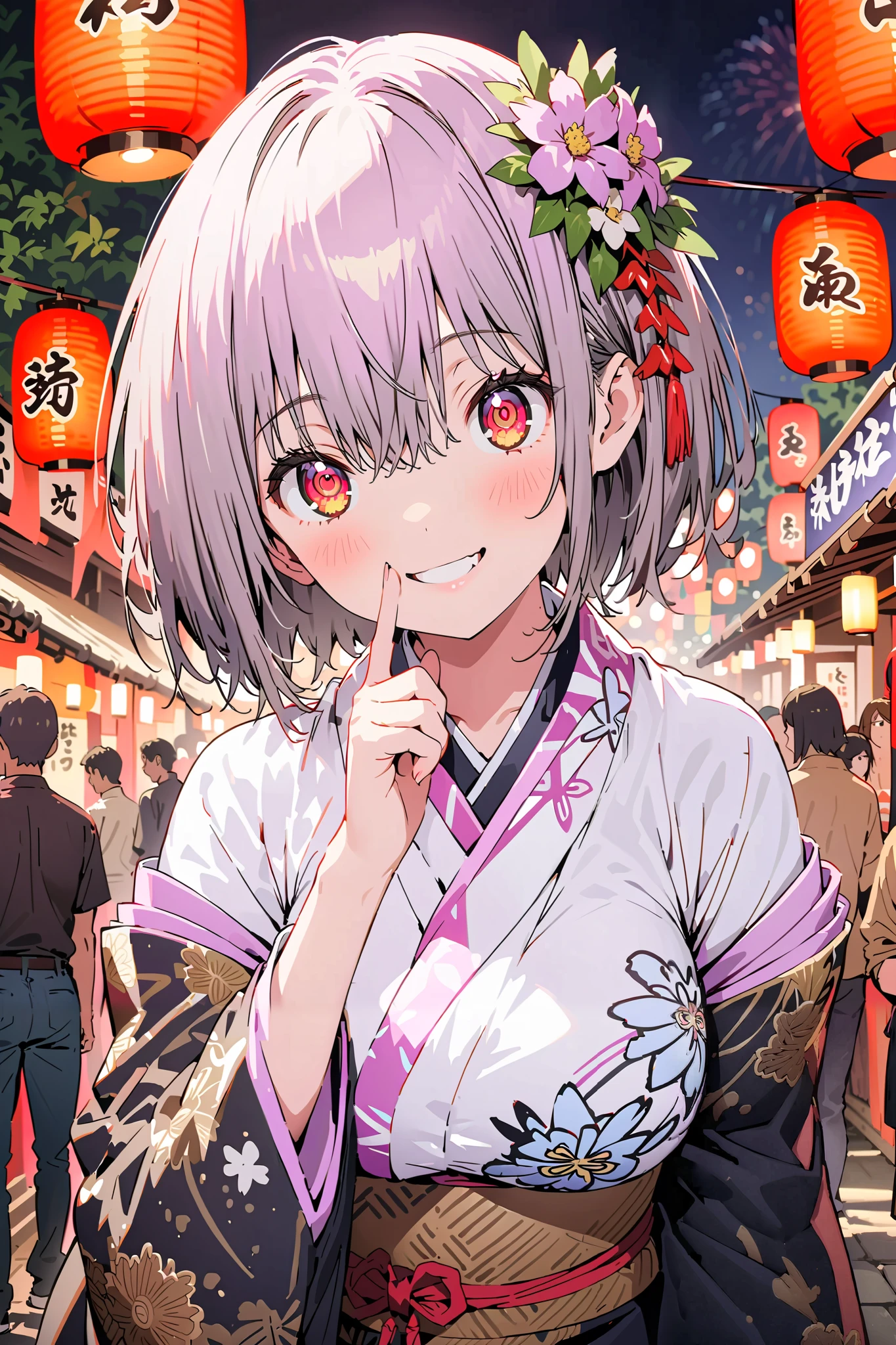 Red root heart , Red Eye Glasses, light purple hair, pink eye, short hair,flower hair ornament, smile,blush, close your mouth, big breasts,Purple flower pattern kimono , long skirt, is standing,,Japanese stalls ,Red Lantern, fireworks, fireworks display,日本のfestival,whole bodyが illustrationsに入るように,
break outdoors,festival,
break looking at viewer,whole body,( cowboy shot 1 :5),
break ( Masterpiece:1.2), top quality, high res, Unity 8k Wallpaper, ( illustrations:0.8), ( beautiful detailed eyes:1.6), highly detailed faces, perfect lighting , Extremely detailed CG, ( perfect hand, perfect anatomy),