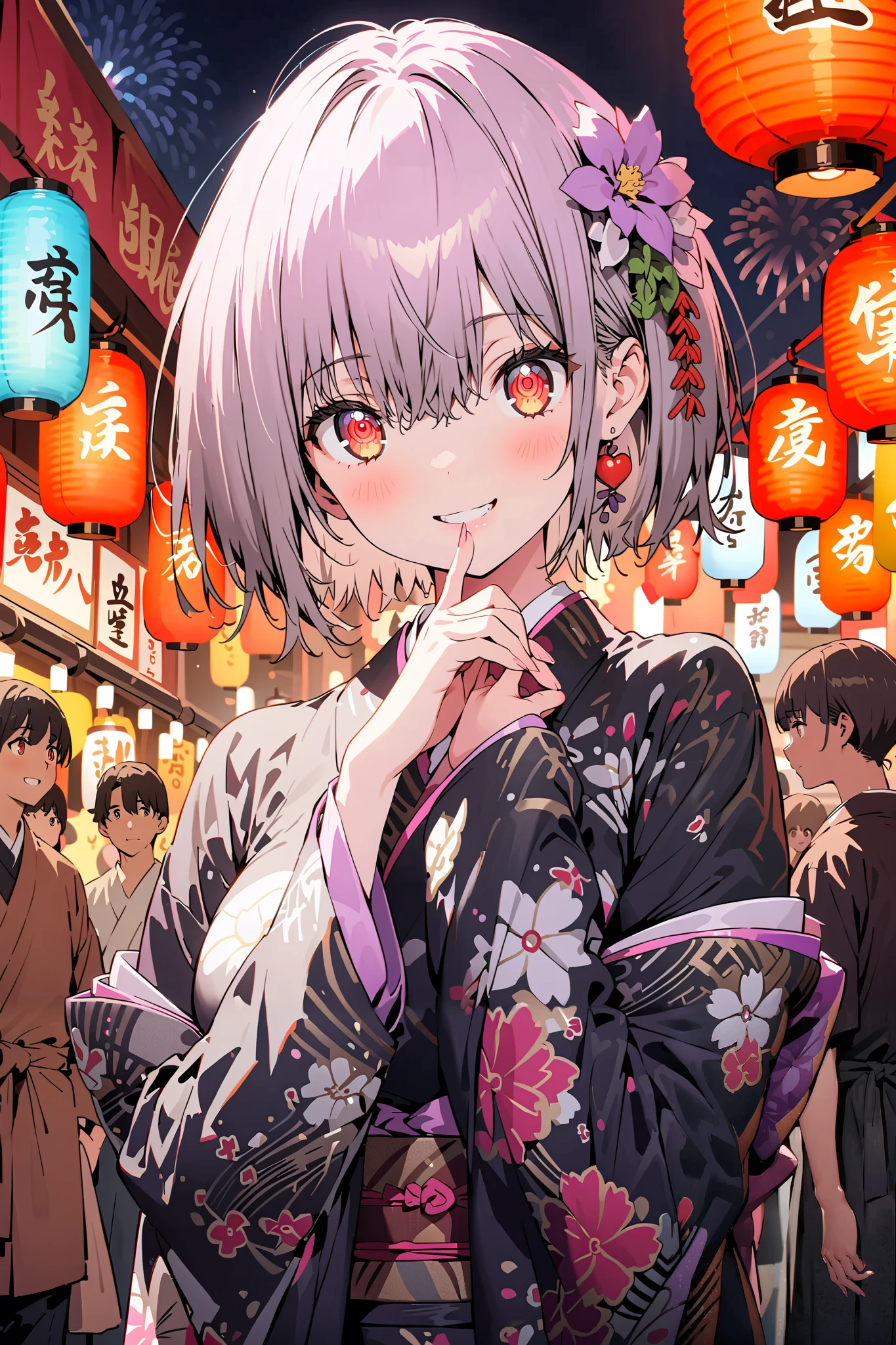 Red root heart , Red Eye Glasses, light purple hair,  pink eye,  short hair,flower hair ornament, smile,blush, close your mouth, big breasts,Purple flower pattern kimono , long skirt, is standing,,Japanese stalls ,Red Lantern,  fireworks, fireworks display,日本のfestival,whole bodyが illustrationsに入るように,                                                       
 break outdoors,festival,
break looking at viewer,whole body,( cowboy shot 1 :5),
break ( Masterpiece:1.2),  top quality,  high res,  Unity 8k Wallpaper, ( illustrations:0.8), ( beautiful detailed eyes:1.6),  highly detailed faces,   perfect lighting , Extremely detailed CG, ( perfect hand,  perfect anatomy),