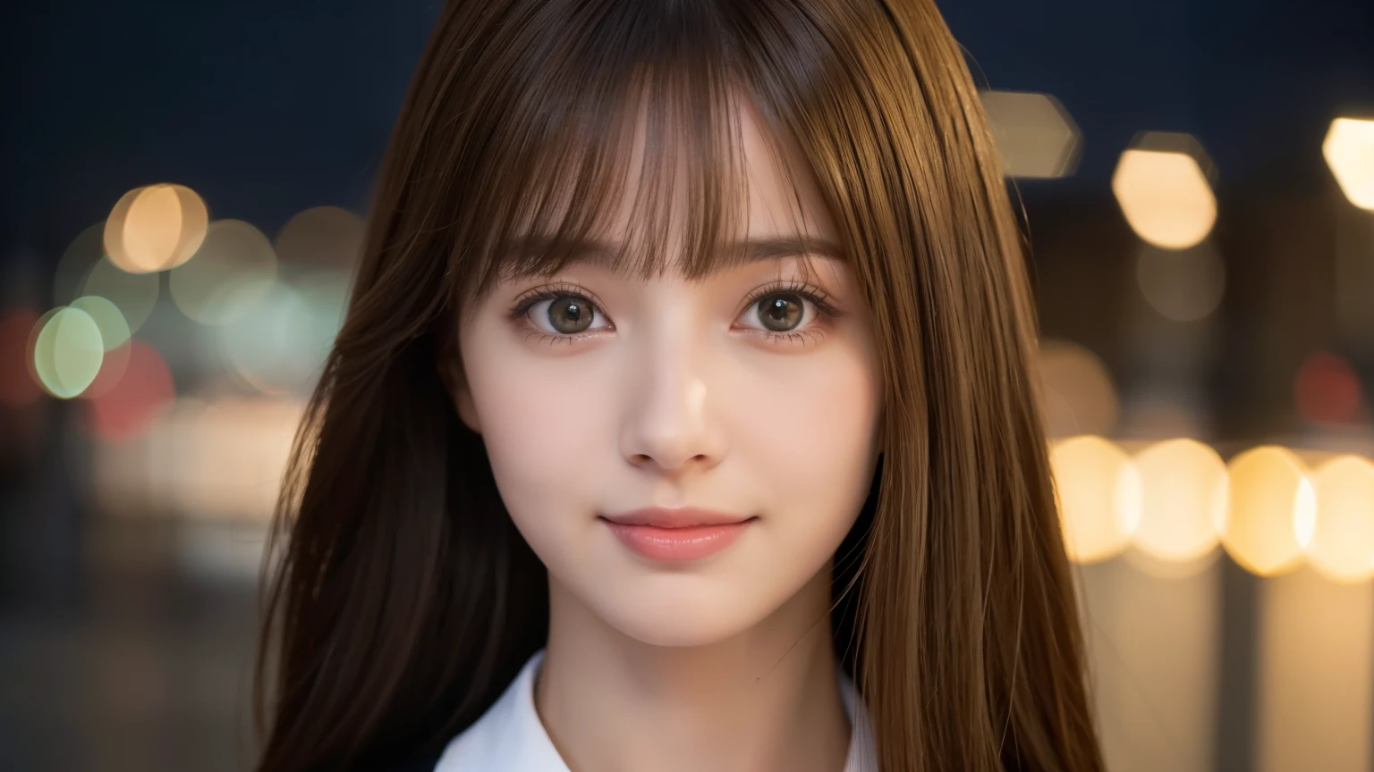 Photorealistic, masutepiece, Best Quality, Raw photo, 1girl in, Solo, Long hair, Brown hair, Detailed face, alluring face, Collared shirt, medium breasts, Dynamic Pose, Looking at Viewer, From below, Detailed background, fine detailed, intricate detailes, Ray tracing, depth of fields, lowkey, nffsw