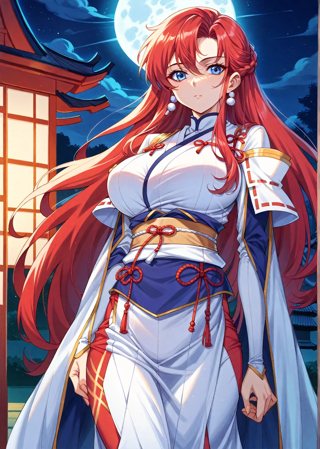 Chica anime con cabello RED, RED HAIR, RED HAIR, RED HAIR Y ojos azules con un traje rojo., aqua from Konosuba, Konosuba, Konosuba anime style, chica anime seductora, anime moe art style, from sengoku period, beautiful alluring mujer anime, onmyoji, mujer anime, Diosa del anime, [32k high definition]^10, en kimono, BIG TITS