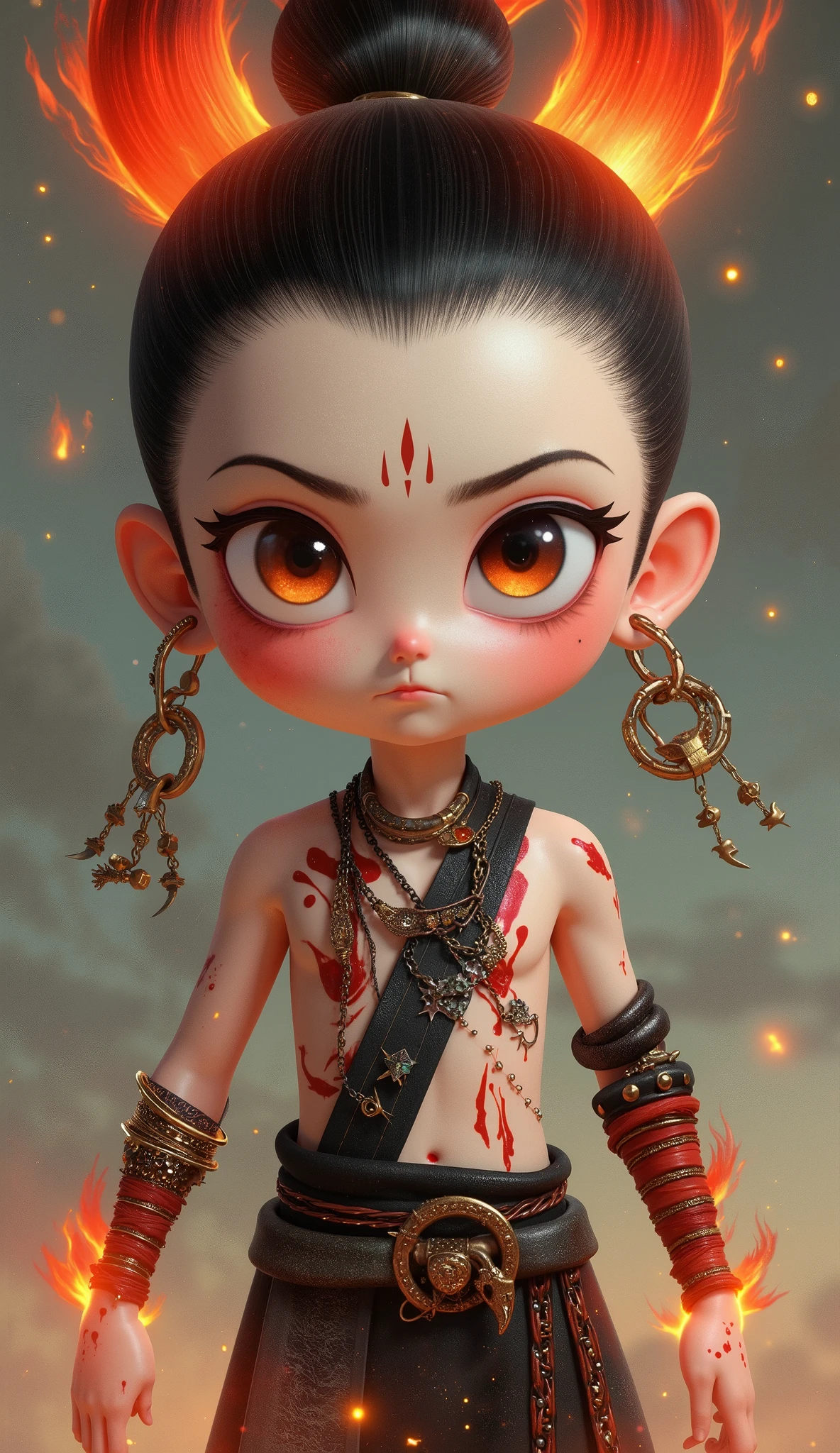 A Chinese animated character, Nezha, with big watery eyes, (Flame Bundle Hair: Dark red short hair bursts upwards like a burning flame, and the tail of the hair presents a charred and carbonized texture)
Magic Mark: Three blood red demon lines extend from the forehead, appearing and disappearing with emotional fluctuations
Heterochromatic dual pupils: the left eye is blood red like lava, the right eye is blue gray like black iron, and the pupils contract in a snake like vertical line shape
Fang Fang Fang Xiao: Two sharp tiger teeth are revealed at the corners of the mouth, and the lower lip is naturally damaged and scabbed with a bright color,
Magic scale skin: The joints are covered with a greenish black scaly stratum corneum, and the neck blood vessels are raised in a dark purple mesh pattern
Wrapped in bandages: Naked upper body wrapped in blood soaked bandages, with a semi exposed mixed sky silk core embedded in the chest depression
Claw hands and feet: Nails are curved and sharp like the claws of a raptor, and the soles of the feet remain suspended thr in bandages: Naked upper body wrapped in blood soaked bandages, with a semi exposed mixed sky silk core embedded in the chest depression
Claw hands and feet: Nails are curved and sharp like the claws of a raptor, and the soles of the feet remain suspended three inches above the ground
Broken mixed sky silk: no longer traditional red silk, but a broken dark gold chain wrapped around the left arm, with magma dripping from the end
Magic Transformation of Qiankun Circle: The magical tool placed around the neck is twisted into a thorny iron ring, with rune cracks covering the surface
Baina war pants: tattered shorts made of animal skin, iron pieces, and talismans, with half a pointed spear inserted diagonally at the waist

Model blind box toy Disney style gloss, 3D rendering, octane rating rendering, best quality, 8k bright surface illumination for facial shooting, delicate gloss, super details-- ar 9:16--styleize 750