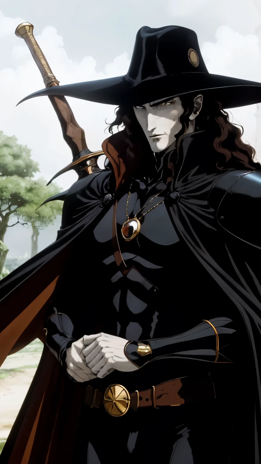 masterpiece, high res, high quality, extremely detailed,Alone,
vampire hunter D , bust up
I have a long curved sword,traveller's hat
Cape,Shoulder Armor,
