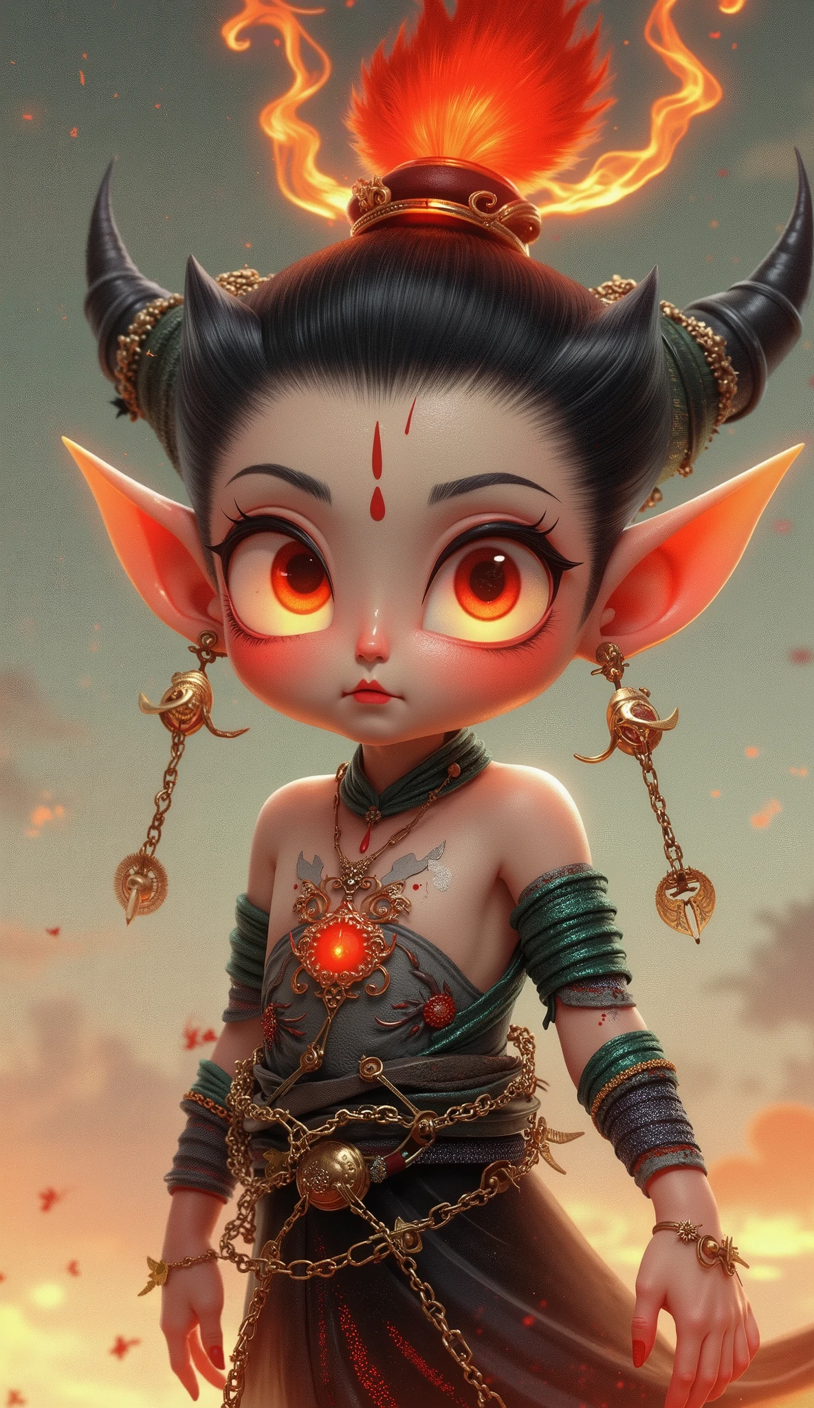 A Chinese animated character, Nezha, with big watery eyes, (Flame Bundle Hair: Dark red short hair bursts upwards like a burning flame, and the tail of the hair presents a charred and carbonized texture)
Magic Mark: Three blood red demon lines extend from the forehead, appearing and disappearing with emotional fluctuations
Heterochromatic dual pupils: the left eye is blood red like lava, the right eye is blue gray like black iron, and the pupils contract in a snake like vertical line shape
Fang Fang Fang Xiao: Two sharp tiger teeth are revealed at the corners of the mouth, and the lower lip is naturally damaged and scabbed with a bright color,
Magic scale skin: The joints are covered with a greenish black scaly stratum corneum, and the neck blood vessels are raised in a dark purple mesh pattern
Wrapped in bandages: Naked upper body wrapped in blood soaked bandages, with a semi exposed mixed sky silk core embedded in the chest depression
Claw hands and feet: Nails are curved and sharp like the claws of a raptor, and the soles of the feet remain suspended thr in bandages: Naked upper body wrapped in blood soaked bandages, with a semi exposed mixed sky silk core embedded in the chest depression
Claw hands and feet: Nails are curved and sharp like the claws of a raptor, and the soles of the feet remain suspended three inches above the ground
Broken mixed sky silk: no longer traditional red silk, but a broken dark gold chain wrapped around the left arm, with magma dripping from the end
Magic Transformation of Qiankun Circle: The magical tool placed around the neck is twisted into a thorny iron ring, with rune cracks covering the surface
Baina war pants: tattered shorts made of animal skin, iron pieces, and talismans, with half a pointed spear inserted diagonally at the waist
Model blind box toy Disney style gloss, 3D rendering, octane rating rendering, best quality, 8k bright surface illumination for facial shooting, delicate gloss, super details-- ar 9:16--styleize 750