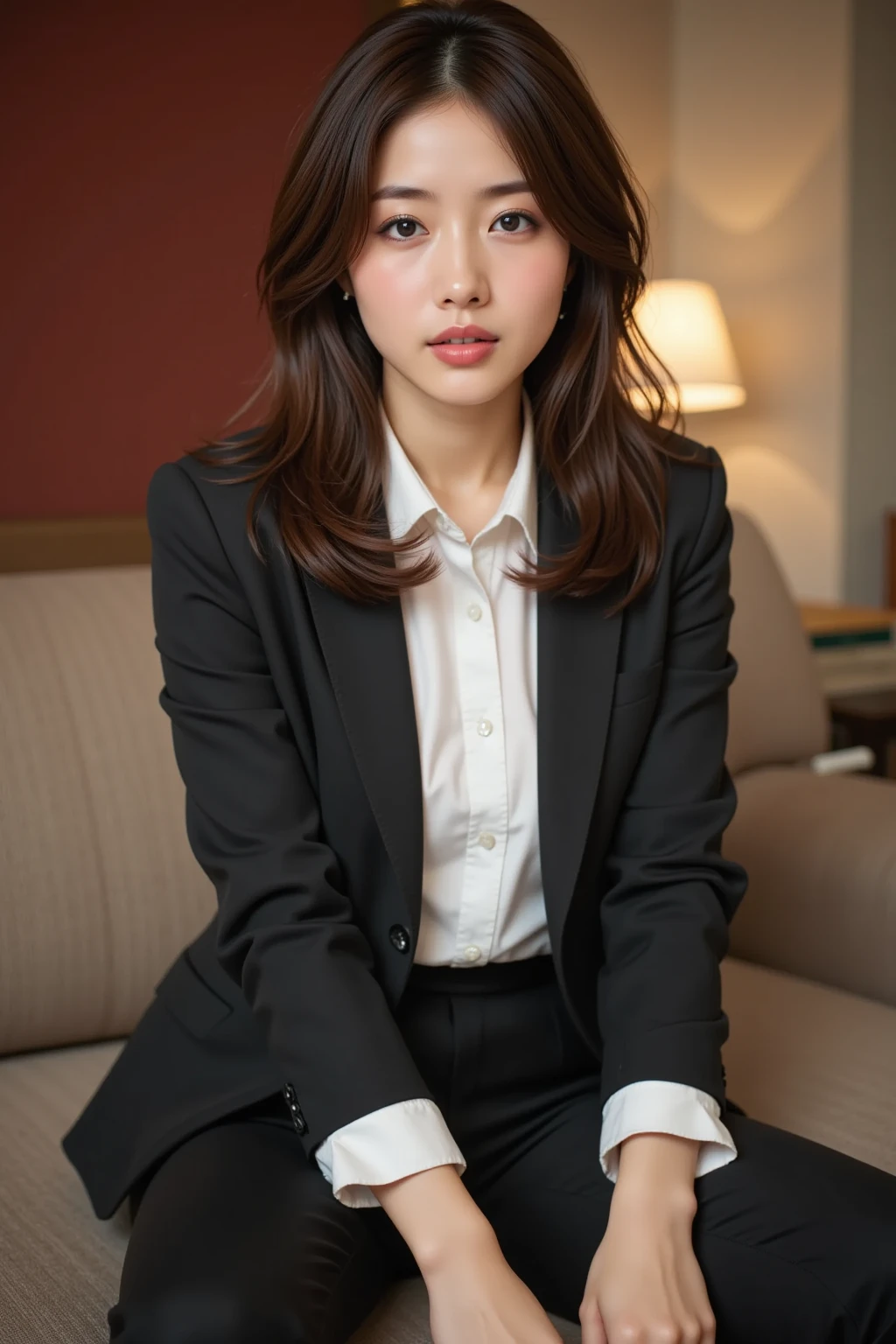 japanese girl in modern cafe,cuty face,sitting chair, suit skirt,(high resolution detail of human skin texture:1.4,rough skin:1.2),(portrait:1.8),looking at viewer
(indirect lighting),