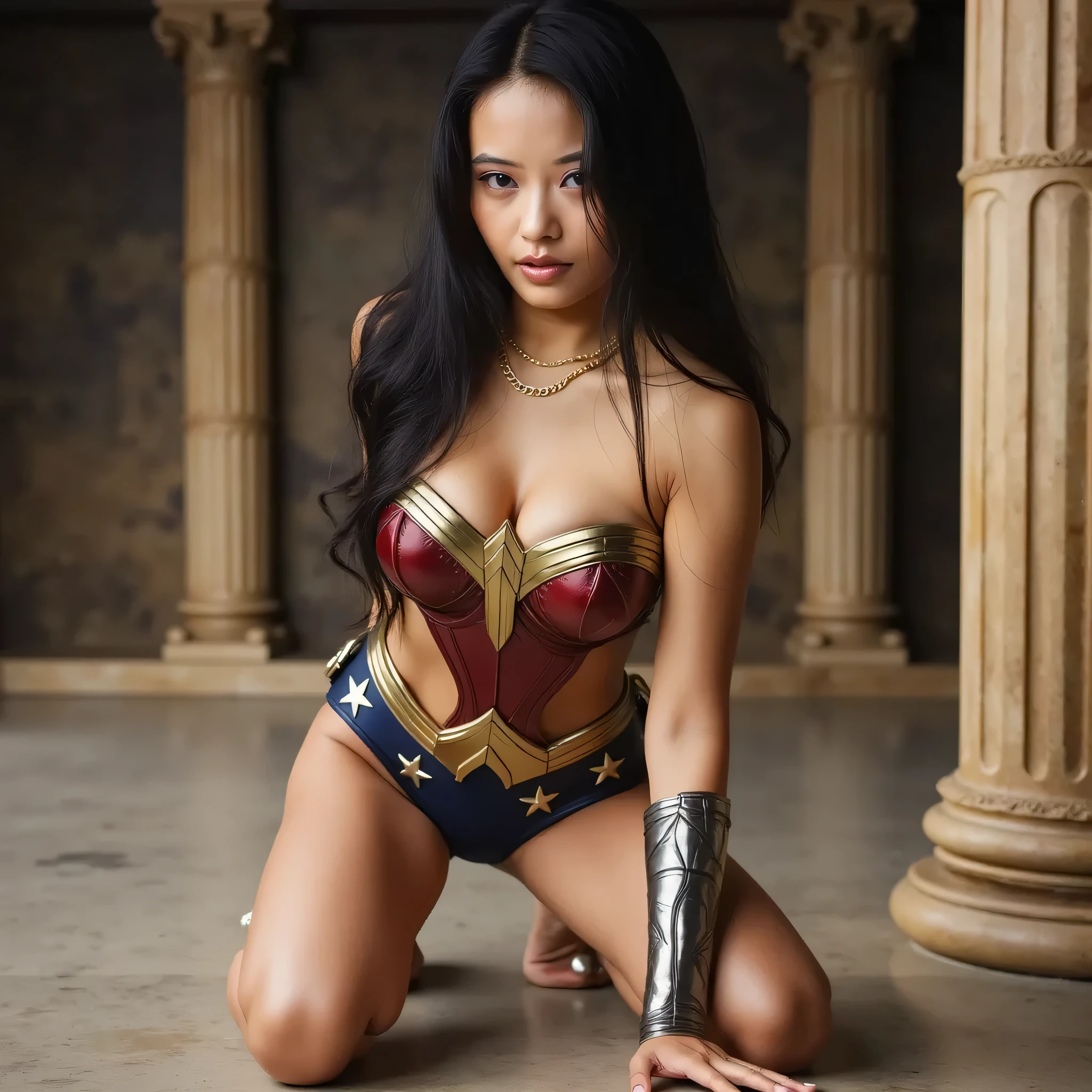 Wonder woman crouching sensually with huge breasts in a microbikini covering only what is necessary and approaching me while showing off her beautiful body, in a greek temple