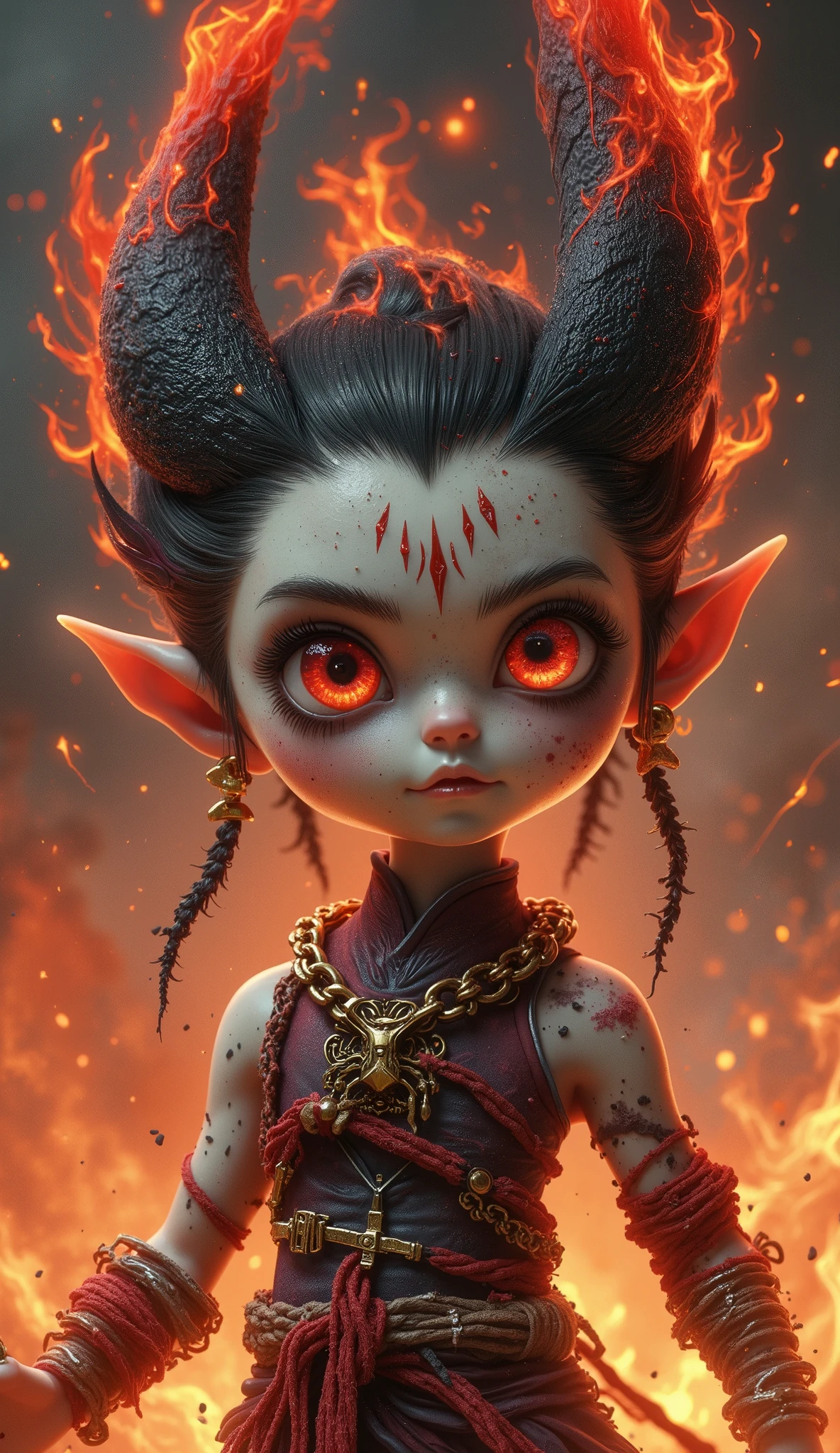 A Chinese animated character, Nezha, with big watery eyes, (Flame Bundle Hair: Dark red short hair bursts upwards like a burning flame, and the tail of the hair presents a charred and carbonized texture)
Magic Mark: Three blood red demon lines extend from the forehead, appearing and disappearing with emotional fluctuations
Heterochromatic dual pupils: the left eye is blood red like lava, the right eye is blue gray like black iron, and the pupils contract in a snake like vertical line shape
Fang Fang Fang Xiao: Two sharp tiger teeth are revealed at the corners of the mouth, and the lower lip is naturally damaged and scabbed with a bright color,
Magic scale skin: The joints are covered with a greenish black scaly stratum corneum, and the neck blood vessels are raised in a dark purple mesh pattern
Wrapped in bandages: Naked upper body wrapped in blood soaked bandages, with a semi exposed mixed sky silk core embedded in the chest depression
Claw hands and feet: Nails are curved and sharp like the claws of a raptor, and the soles of the feet remain suspended thr in bandages: Naked upper body wrapped in blood soaked bandages, with a semi exposed mixed sky silk core embedded in the chest depression
Claw hands and feet: Nails are curved and sharp like the claws of a raptor, and the soles of the feet remain suspended three inches above the ground
Broken mixed sky silk: no longer traditional red silk, but a broken dark gold chain wrapped around the left arm, with magma dripping from the end
Magic Transformation of Qiankun Circle: The magical tool placed around the neck is twisted into a thorny iron ring, with rune cracks covering the surface
Baina war pants: tattered shorts made of animal skin, iron pieces, and talismans, with half a pointed spear inserted diagonally at the waist

Model blind box toy Disney style gloss, 3D rendering, octane rating rendering, best quality, 8k bright surface illumination for facial shooting, delicate gloss, super details-- ar 9:16--styleize 750