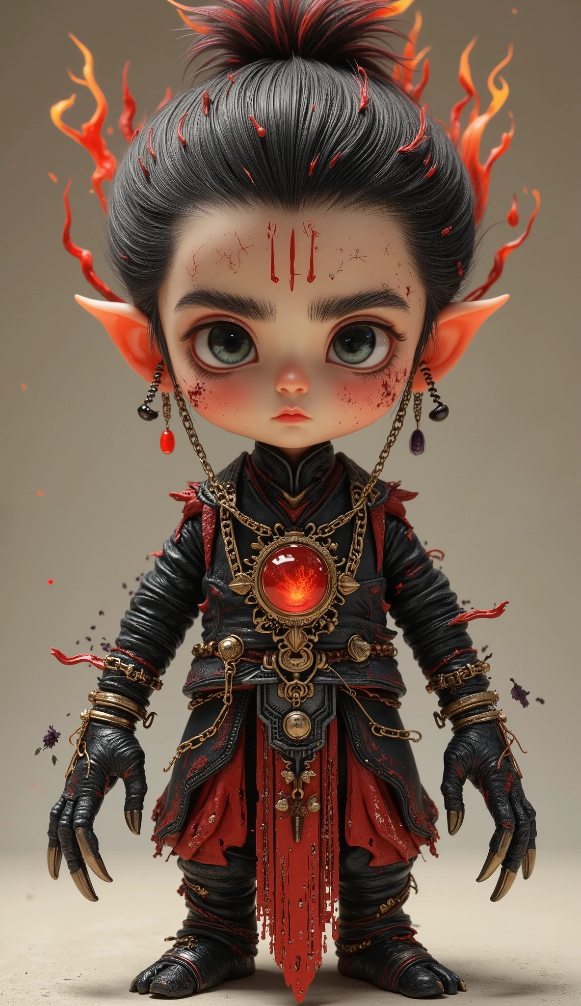 A Chinese animated character, Nezha, with big watery eyes, (Flame Bundle Hair: Dark red short hair bursts upwards like a burning flame, and the tail of the hair presents a charred and carbonized texture)
Magic Mark: Three blood red demon lines extend from the forehead, appearing and disappearing with emotional fluctuations
Heterochromatic dual pupils: the left eye is blood red like lava, the right eye is blue gray like black iron, and the pupils contract in a snake like vertical line shape
Fang Fang Fang Xiao: Two sharp tiger teeth are revealed at the corners of the mouth, and the lower lip is naturally damaged and scabbed with a bright color,
Magic scale skin: The joints are covered with a greenish black scaly stratum corneum, and the neck blood vessels are raised in a dark purple mesh pattern
Wrapped in bandages: Naked upper body wrapped in blood soaked bandages, with a semi exposed mixed sky silk core embedded in the chest depression
Claw hands and feet: Nails are curved and sharp like the claws of a raptor, and the soles of the feet remain suspended thr in bandages: Naked upper body wrapped in blood soaked bandages, with a semi exposed mixed sky silk core embedded in the chest depression
Claw hands and feet: Nails are curved and sharp like the claws of a raptor, and the soles of the feet remain suspended three inches above the ground
Broken mixed sky silk: no longer traditional red silk, but a broken dark gold chain wrapped around the left arm, with magma dripping from the end
Magic Transformation of Qiankun Circle: The magical tool placed around the neck is twisted into a thorny iron ring, with rune cracks covering the surface
Baina war pants: tattered shorts made of animal skin, iron pieces, and talismans, with half a pointed spear inserted diagonally at the waist
Model blind box toy Disney style gloss, 3D rendering, octane rating rendering, best quality, 8k bright surface illumination for facial shooting, delicate gloss, super details-- ar 9:16--styleize 750