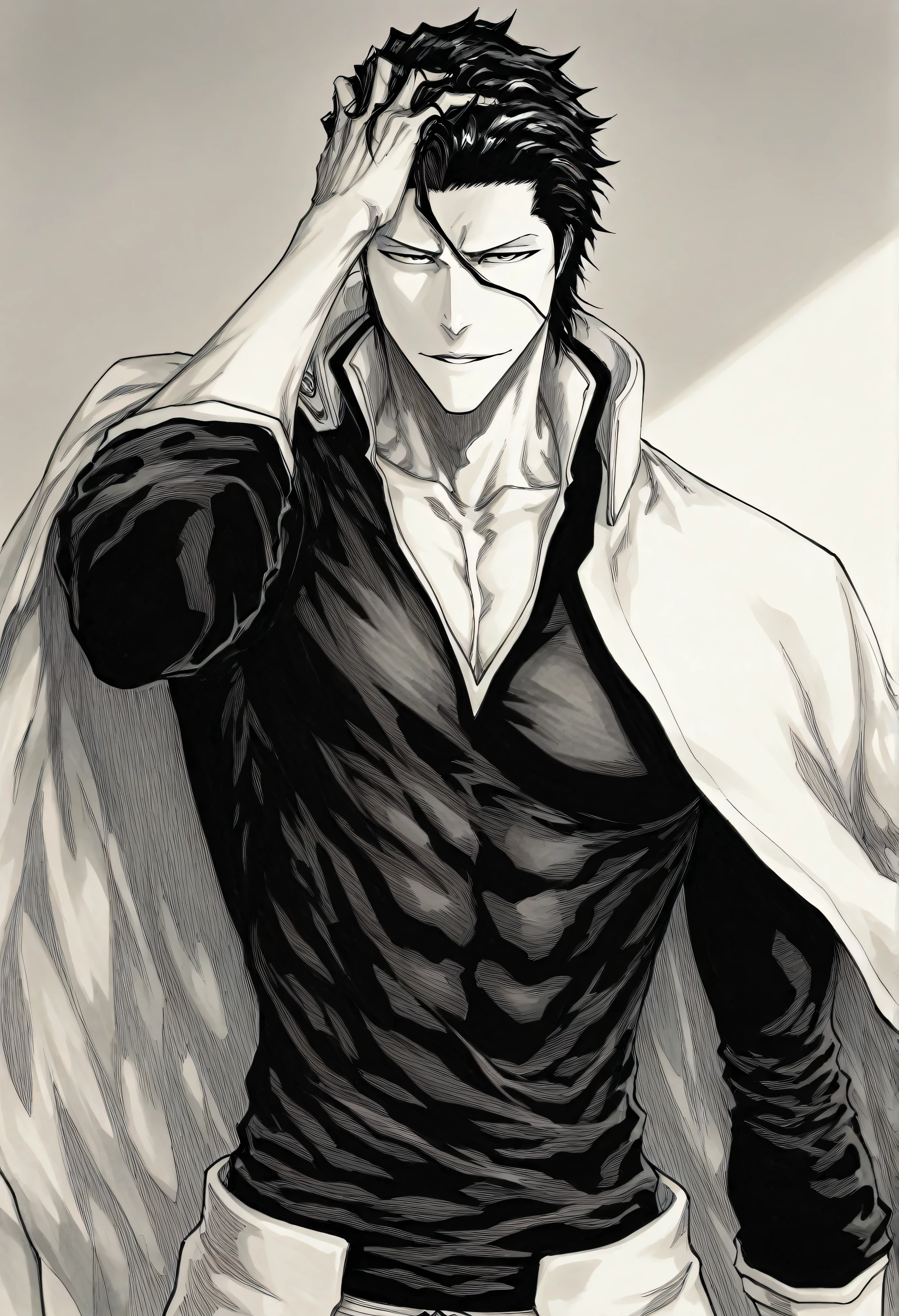 masterpiece, absurdres, newest, best quality, amazing quality, very aesthetic, 1boy, aizen sousuke, vslinxaizen_arrancar, handsome, detailed eyes, adult, (adult, 30 years old), chiseled jaw, toned body, masculine, black shirt, fully clothed, angular face, handsome detailed face, aesthetic, best quality, stunning, perfect body, looking at viewer, (stoic) \(expression\), angular face, male focus, (masterpiece, detailed), (masterpiece), (best quality), (ultra-detailed), 1boy, solo, bleach, light particle, particle, shadow, black detailed pupils, simple background, monochrome, greyscale, traditional media, sketch, detailed lines, sketch, manga style , pencil sketch style, soft shading, soft delicate features, hand on own hair, hand on own head