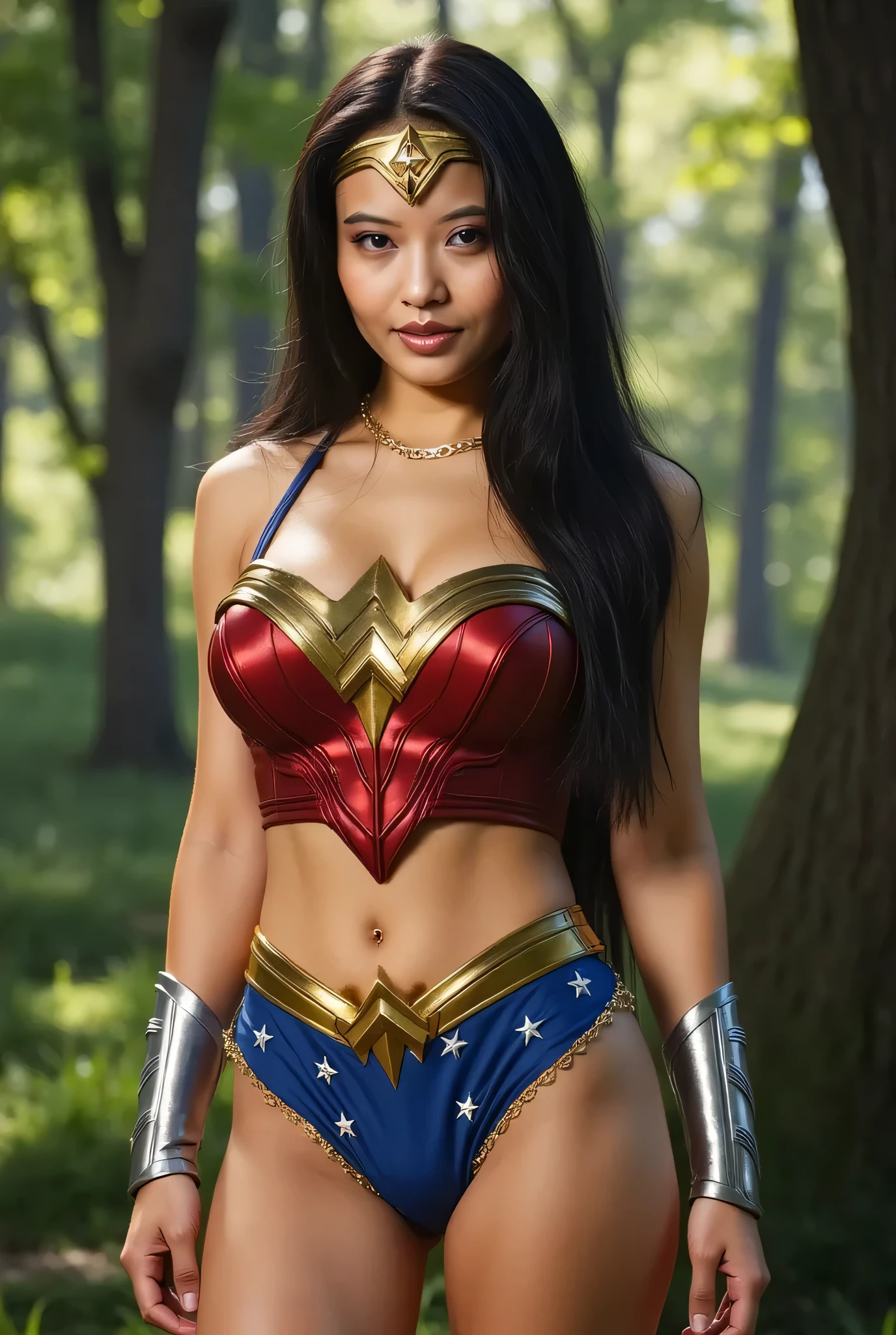 Sexy Smiling cheerful suntanned Diana Prince Wonder Woman from DC comics with very long down loose black hair down to her hips and blue eyes wearing strapless red gold and Blue, and circlet and bracers in the forest on a hot sunny summer day large breasts huge muscles huge breasts,