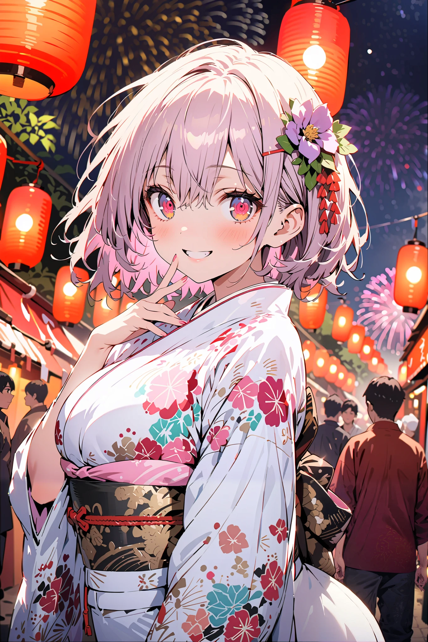Red root heart , Red Eye Glasses, light purple hair, pink eye, short hair,flower hair ornament, smile,blush, close your mouth, big breasts,Purple flower pattern kimono , long skirt, is standing,,Japanese stalls ,Red Lantern, fireworks, fireworks display,日本のfestival,whole bodyが illustrationsに入るように,
break outdoors,festival,
break looking at viewer,whole body,( cowboy shot 1 :5),
break ( Masterpiece:1.2), top quality, high res, Unity 8k Wallpaper, ( illustrations:0.8), ( beautiful detailed eyes:1.6), highly detailed faces, perfect lighting , Extremely detailed CG, ( perfect hand, perfect anatomy),