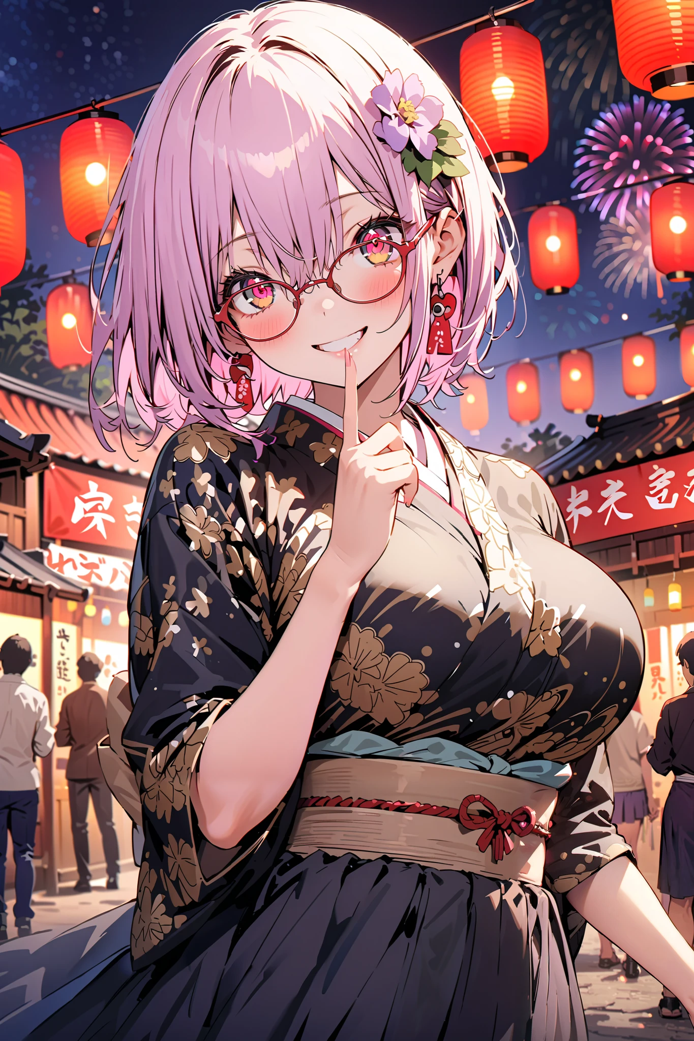 Red root heart , Red Eye Glasses, light purple hair,  pink eye,  short hair,flower hair ornament, smile,blush, close your mouth, big breasts,Purple flower pattern kimono , long skirt, is standing,,Japanese stalls ,Red Lantern,  fireworks, fireworks display,日本のfestival,whole bodyが illustrationsに入るように,                                                       
 break outdoors,festival,
break looking at viewer,whole body,( cowboy shot 1 :5),
break ( Masterpiece:1.2),  top quality,  high res,  Unity 8k Wallpaper, ( illustrations:0.8), ( beautiful detailed eyes:1.6),  highly detailed faces,   perfect lighting , Extremely detailed CG, ( perfect hand,  perfect anatomy),