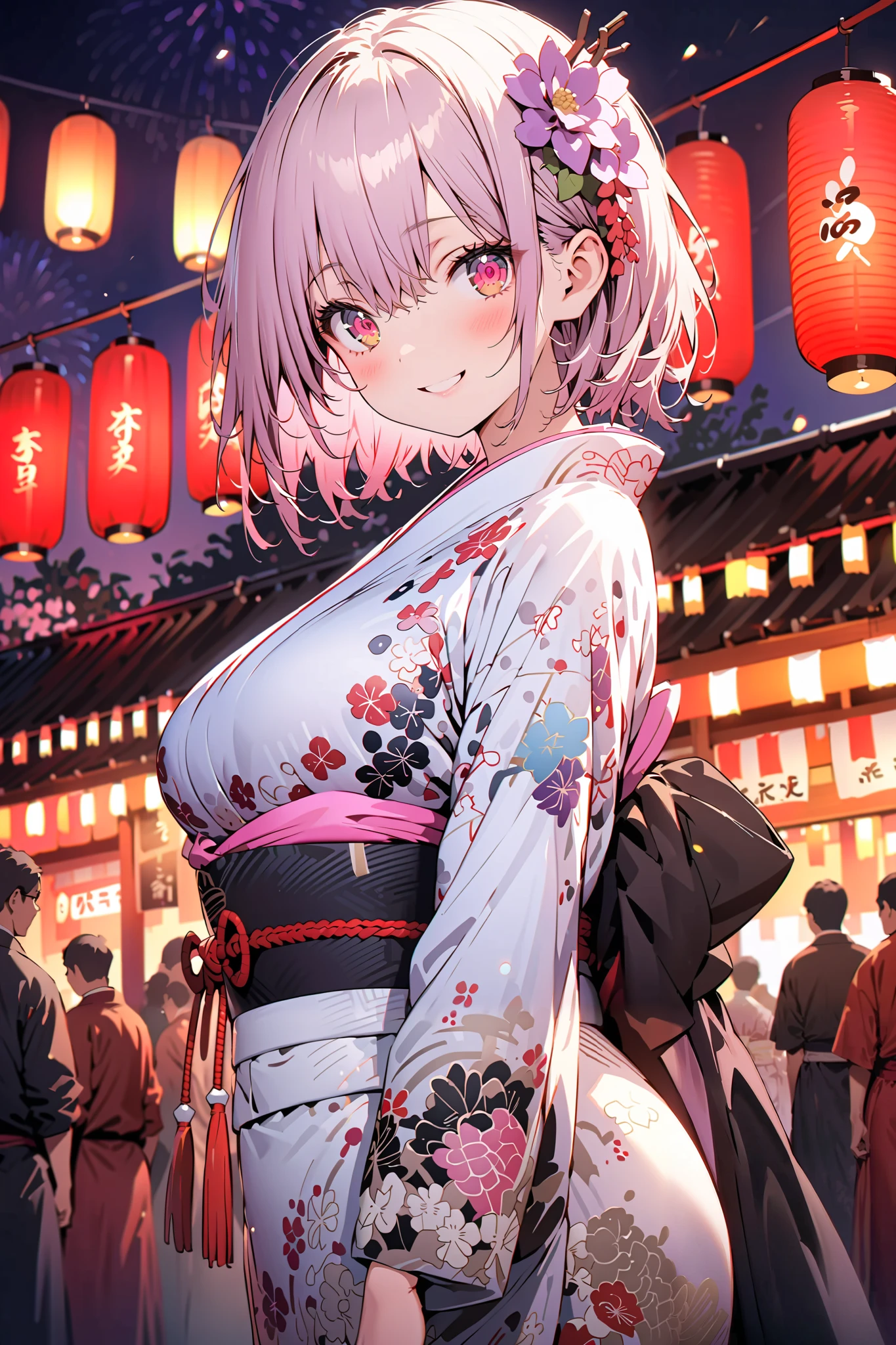 Red root heart , Red Eye Glasses, light purple hair,  pink eye,  short hair,flower hair ornament, smile,blush, close your mouth, big breasts,Purple flower pattern kimono , long skirt, is standing,,Japanese stalls ,Red Lantern,  fireworks, fireworks display,日本のfestival,whole bodyが illustrationsに入るように,                                                       
 break outdoors,festival,
break looking at viewer,whole body,( cowboy shot 1 :5),
break ( Masterpiece:1.2),  top quality,  high res,  Unity 8k Wallpaper, ( illustrations:0.8), ( beautiful detailed eyes:1.6),  highly detailed faces,   perfect lighting , Extremely detailed CG, ( perfect hand,  perfect anatomy),