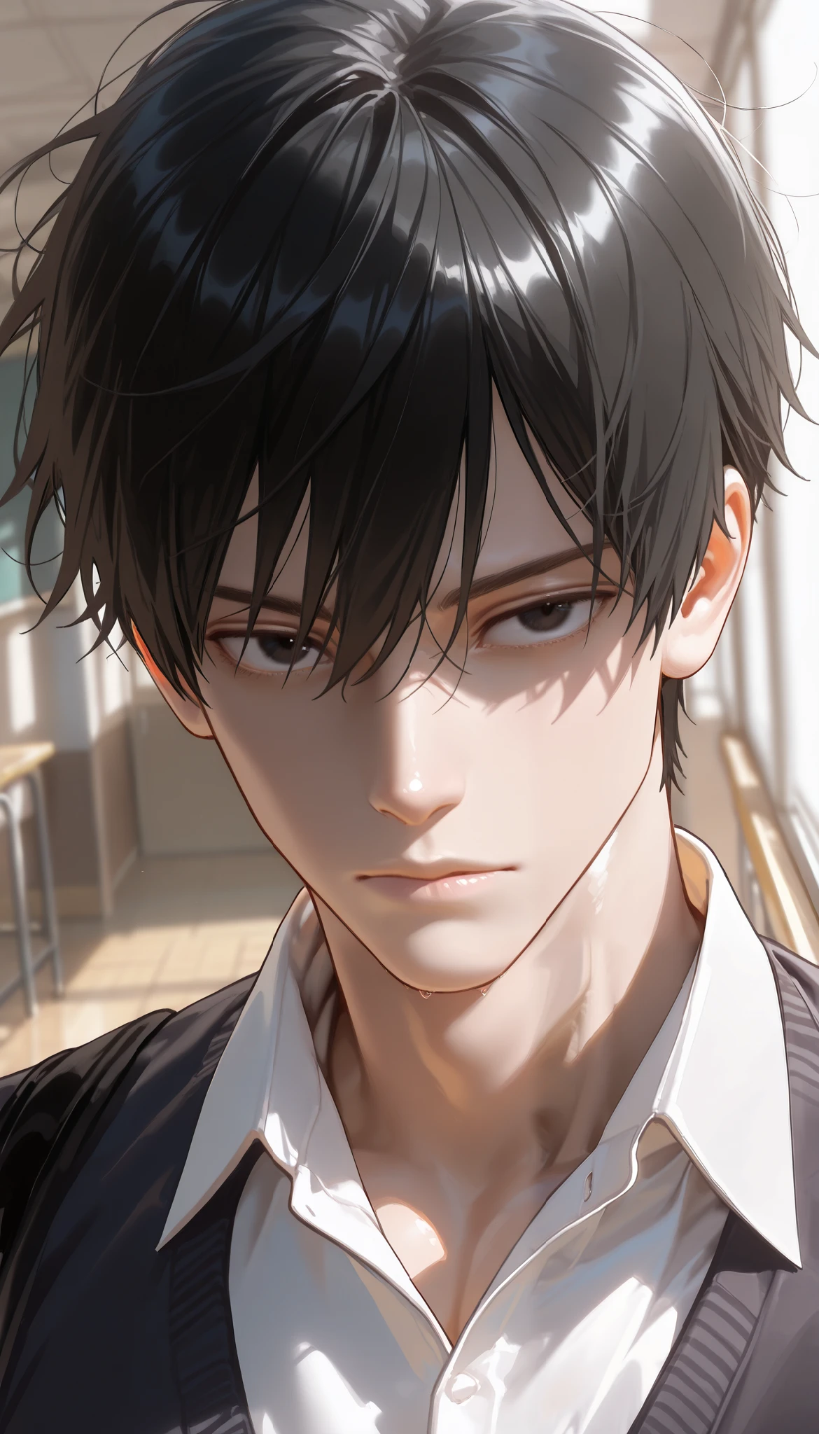 masterpiece, best quality, amazing quality, very aesthetic, absurdres, newest, extremely high quality, very aesthetic, extremely detailed, anime, digital art, ((1male, male, solo, man, alone)), relaxed pose, melancholic atmosphere, man with athletic body, short stylish black hair, dark eyes, school uniform, dynamic angle, school setting, contemplative environment, melancholic emotions, vibrant color palette, detailed shading, intricate textures, alluring composition, dramatic lighting, school background, captivating gaze, anime style, semi realism, perfect proportions, highly detailed character, cinematic depth, breathtaking scene.