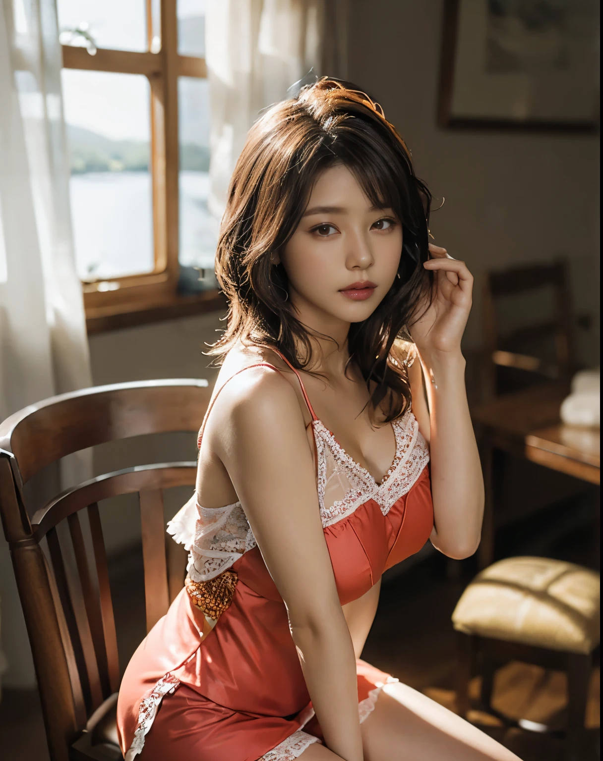 Captivating Eyes, ( Around the lake), The whole body to the toes, ((fully opened eyes)), 25 year old woman with big breasts , woman sits on a chair with her butt sticking out, beautiful calves , Nipple reflection , ((Free and graceful hand position)), Pink sheer nightgown , (( top quality, 8k, Masterpiece: 1.3)), beautiful mature: 1.4, well-trained abs , (( layered cut : 1.2)), wet body: 1.5, high-definition facial and skin textures , bright gold hair, Fascinating Brown Eyes , medium hair , black stockings, Underboob