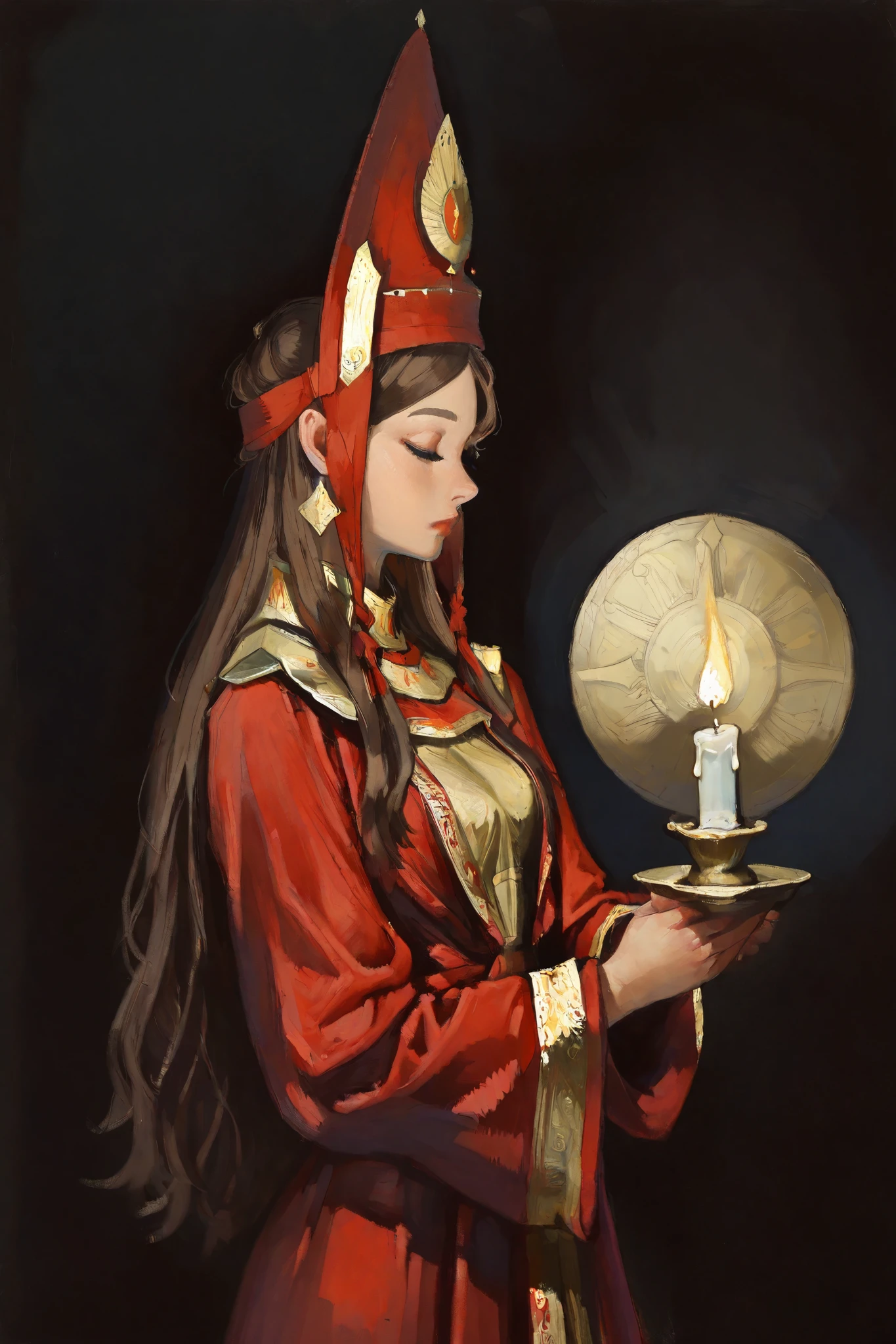 score_9, score_8_up, score_7_up, score_6_up, score_5_up, score_4_up, masterpiece. cannedmos,
BREAK
(masterpiece: 1.0), best quality, perfect , perfect composition, perfection, 4k resolution, absurdres, very aesthetic, professional artwork, absolutely beautiful, impressionism, traditional media, realistic,
BREAK
1girl, holding a candle, cowboy shot, saint, long red robes, red headdress, from side, golden lining, dim background, black background, simple background, blindfolded eyes, brown hair, long hair, parted bangs,