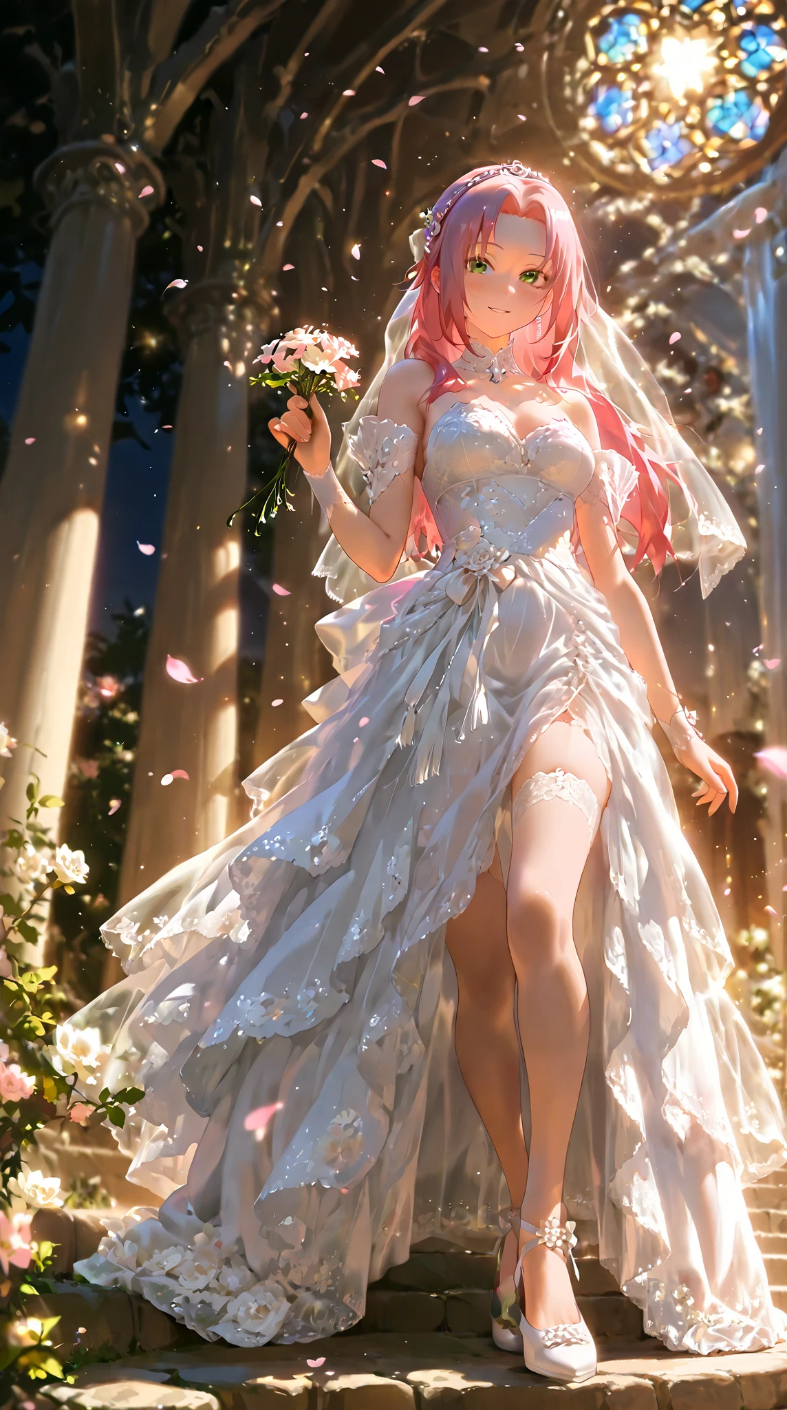 Sakura haruno,green eyes,pink hair, seducing , full body, holding flowers, wedding dress,(beautifuls piernas)(beautiful)( From below)(Japanese clothing)