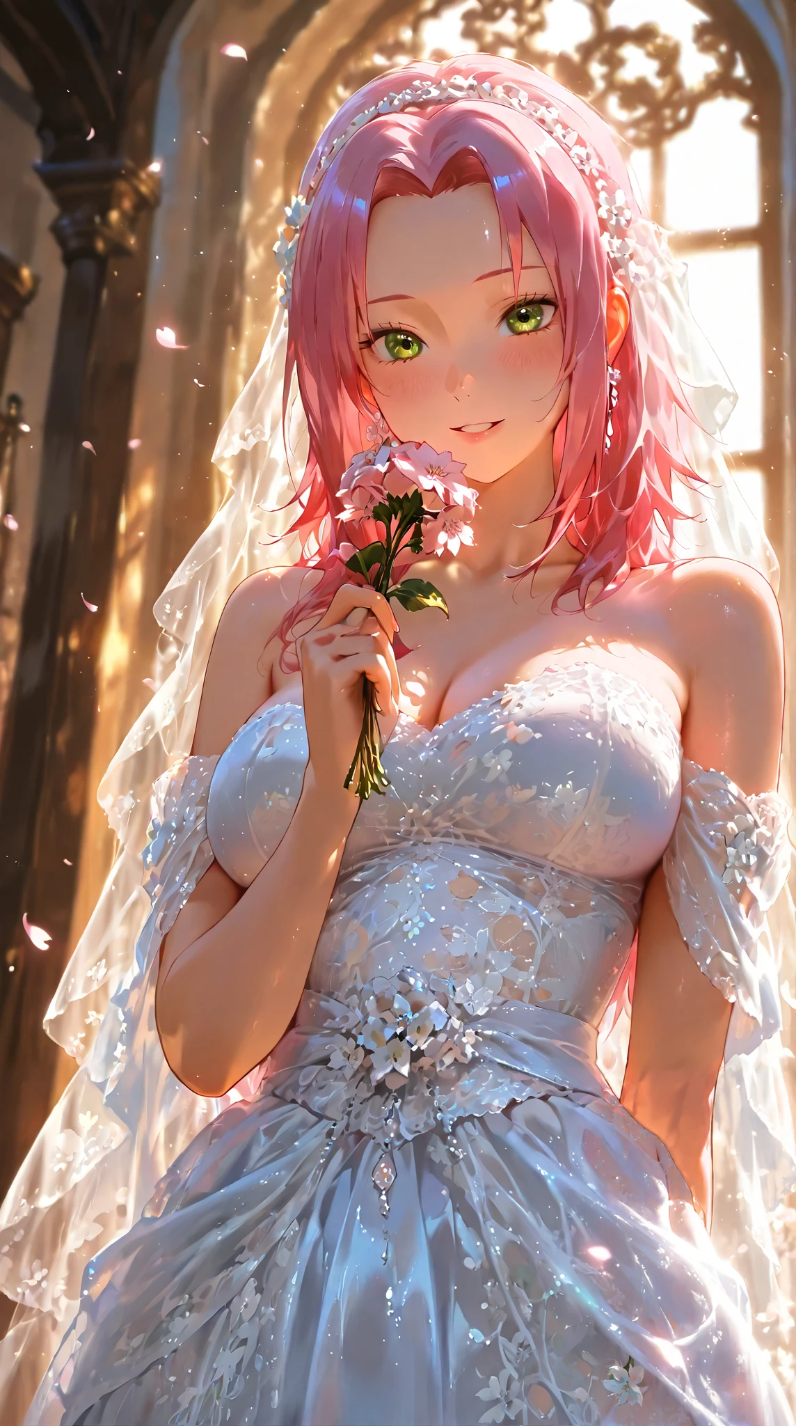 Sakura haruno,green eyes,pink hair, seducing, holding flowers, wedding dress,(beautifuls piernas)(beautiful)( From below)(Japanese clothing)