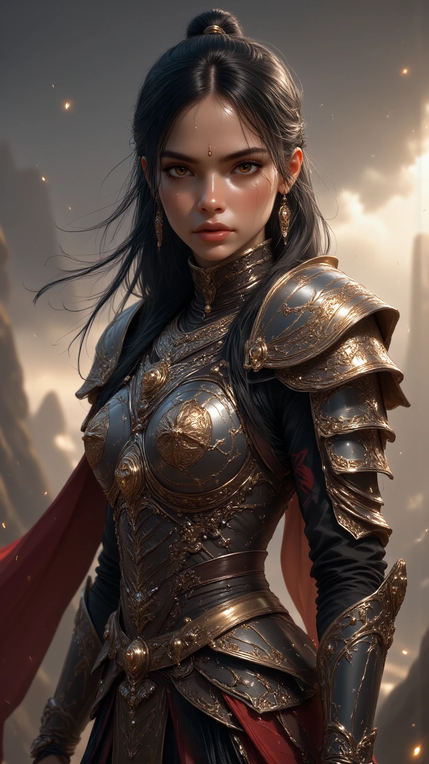 Photo of adepta sororitas, argent shroud, full armor, full metal armor, Christina Chong beautiful face, narrowed eyes. smirk. black braided hair with narrowed eyes, wearing intricate ornamented metal armor, stern face,, solo, (female:1.2), epic, platinum white armor, white pelvic curtain, bronze trimmings, , facial scar, iron halo, ((upper body:1.3)) focus, close-up, banner background,
