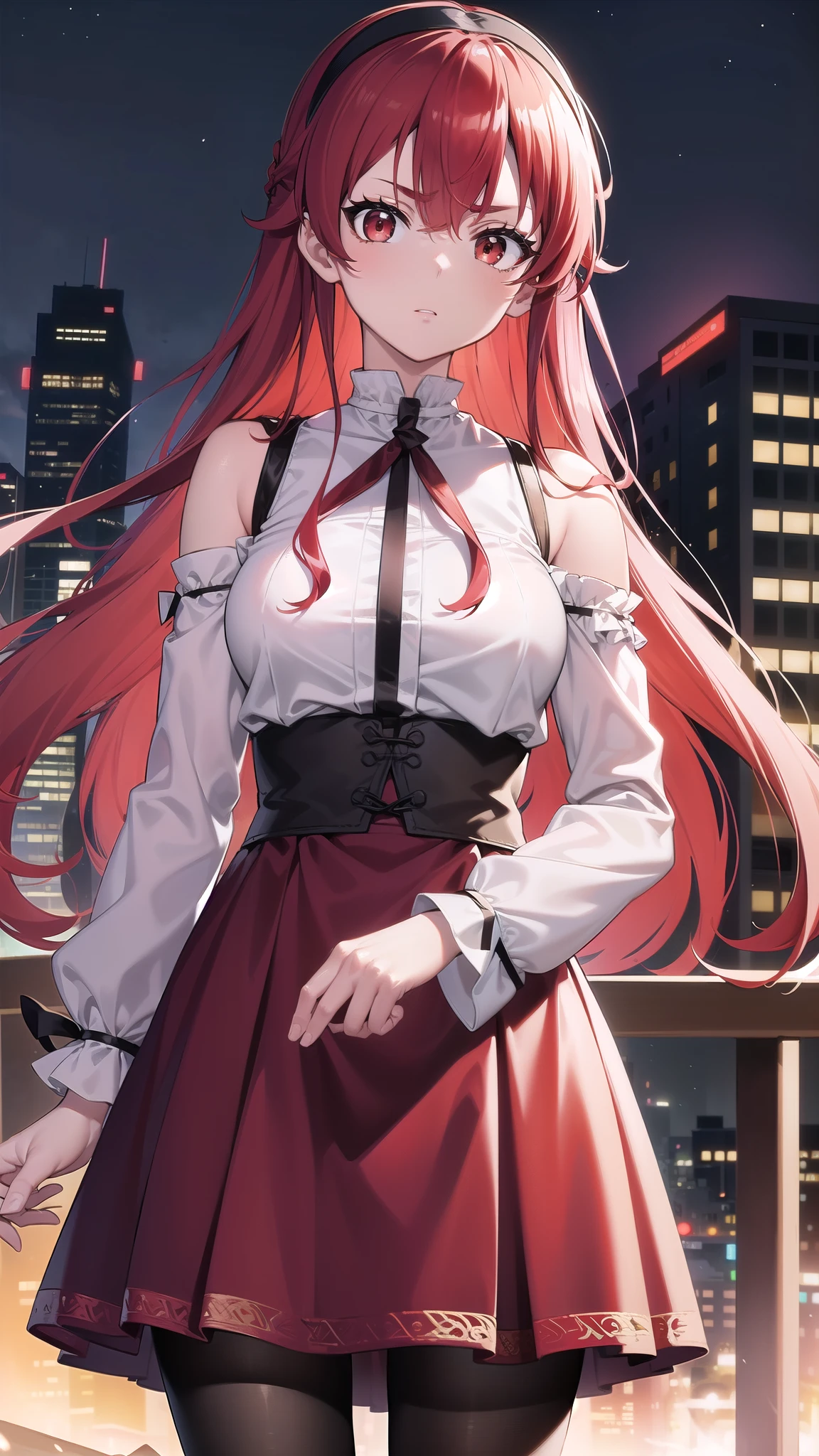 break looking at viewer, break ( masterpiece:1.2), top quality, high res, Unity 8k Wallpaper, ( Illustration of :0.8), ( beautiful eye with attention to detail:1.6), highly detailed faces, perfect lighting, very detailed CG, ( perfect hand, perfect anatomy),city, night ,Starfall, mist,Wet road, reflections , , stupid hair, hair between eyes, long hair, ( red eyes:1.5), red hair, side lock, ( medium bust:1.2),Bare wrist, shoulder out, black headband, black ribbon, brown skirt, headband, Long Sleeve, neck ribbon, pantyhose, ribbon, shirt, shoulder cutouts, skirt, white pantyhose, white shirt, wide sleeve , cleevidge, neckline ,