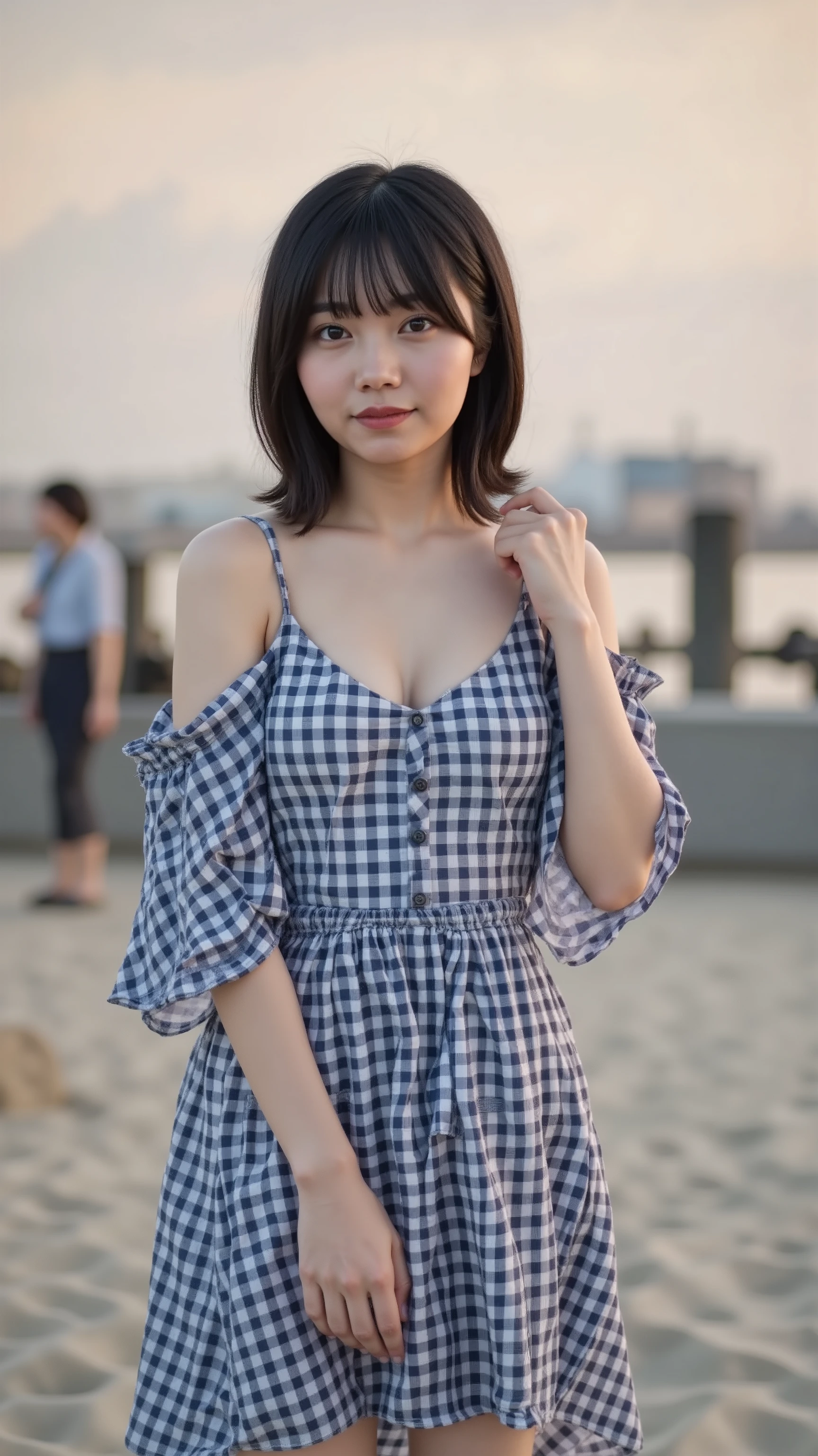 A high resolution photograph of a Japanese young woman, photo-realistic, realistic, masterpiece, amazing quality, 8k, extremely detailed, intricate details, sharp focus, professional lighting, portrait, fashion shoot, solo, 1girl, standing, (off-shoulder sundress, flip flops), bob cut black hair with blunt bangs, pale skin, detailed face, detailed eyes, sophisticated nose, anatomically correct, perfect hand, detailed hand, detailed fingers, outdoors, harbor, ocean view, at dusk,