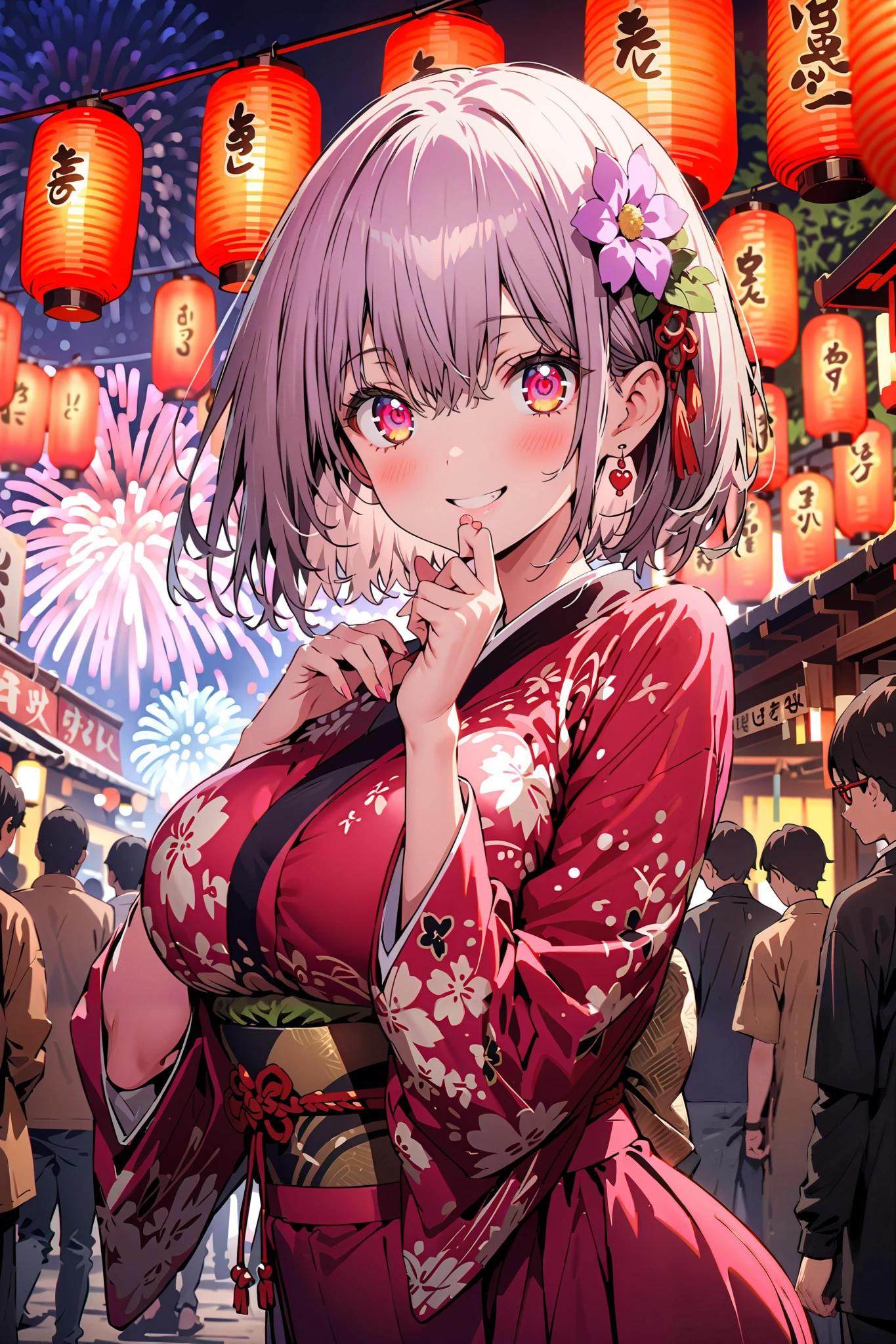 Red root heart , Red Eye Glasses, light purple hair, pink eye, short hair,flower hair ornament, smile,blush, close your mouth, big breasts,Purple flower pattern kimono , long skirt, is standing,,Japanese stalls ,Red Lantern, fireworks, fireworks display,日本のfestival,whole bodyが illustrationsに入るように,
break outdoors,festival,
break looking at viewer,whole body,( cowboy shot 1 :5),
break ( Masterpiece:1.2), top quality, high res, Unity 8k Wallpaper, ( illustrations:0.8), ( beautiful detailed eyes:1.6), highly detailed faces, perfect lighting , Extremely detailed CG, ( perfect hand, perfect anatomy),