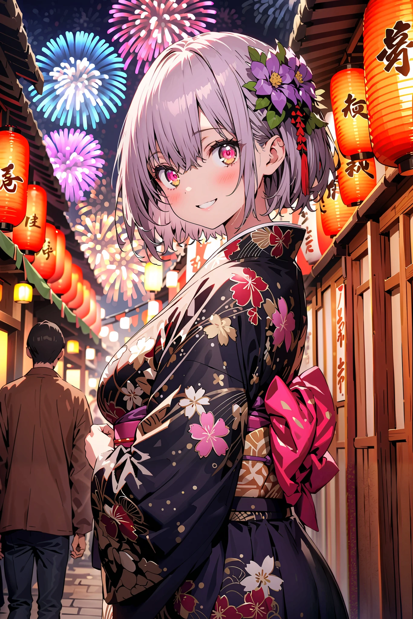 Red root heart , Red Eye Glasses, light purple hair, pink eye, short hair,flower hair ornament, smile,blush, close your mouth, big breasts,Purple flower pattern kimono , long skirt, is standing,,Japanese stalls ,Red Lantern, fireworks, fireworks display,日本のfestival,whole bodyが illustrationsに入るように,
break outdoors,festival,
break looking at viewer,whole body,( cowboy shot 1 :5),
break ( Masterpiece:1.2), top quality, high res, Unity 8k Wallpaper, ( illustrations:0.8), ( beautiful detailed eyes:1.6), highly detailed faces, perfect lighting , Extremely detailed CG, ( perfect hand, perfect anatomy),