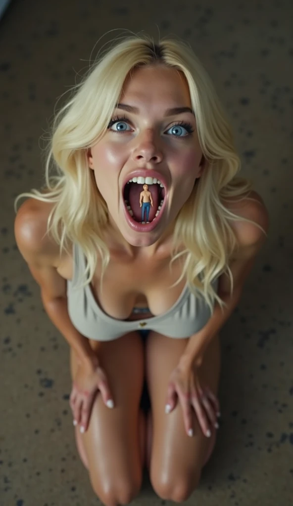 (photorealism:1.2), middle aged caucasian woman, (age 38:1.5), run comfortable pose, realistic, intricate details, warm colours, blonde white hair, shoulder length bobcut hair, rough face skin, short height, thick thighs, sweaty, textured aged skin, tanning lines, small breasts, skinny-fit, choker with a dog bone on it, black blindfold, dark red lipstick, wearing pink very tight high-waist thong with a heart ❤️ on it , full body visible, uncomfortable pose, legs spread, (naked breasts:2.4), squatting dynamic motion on a big erect tube shaped vibrator on the kitchen floor, endured face, no tattoos, hand showing peace ✌️ sign, moaning loudly, motion lines, motion blur, social media composition