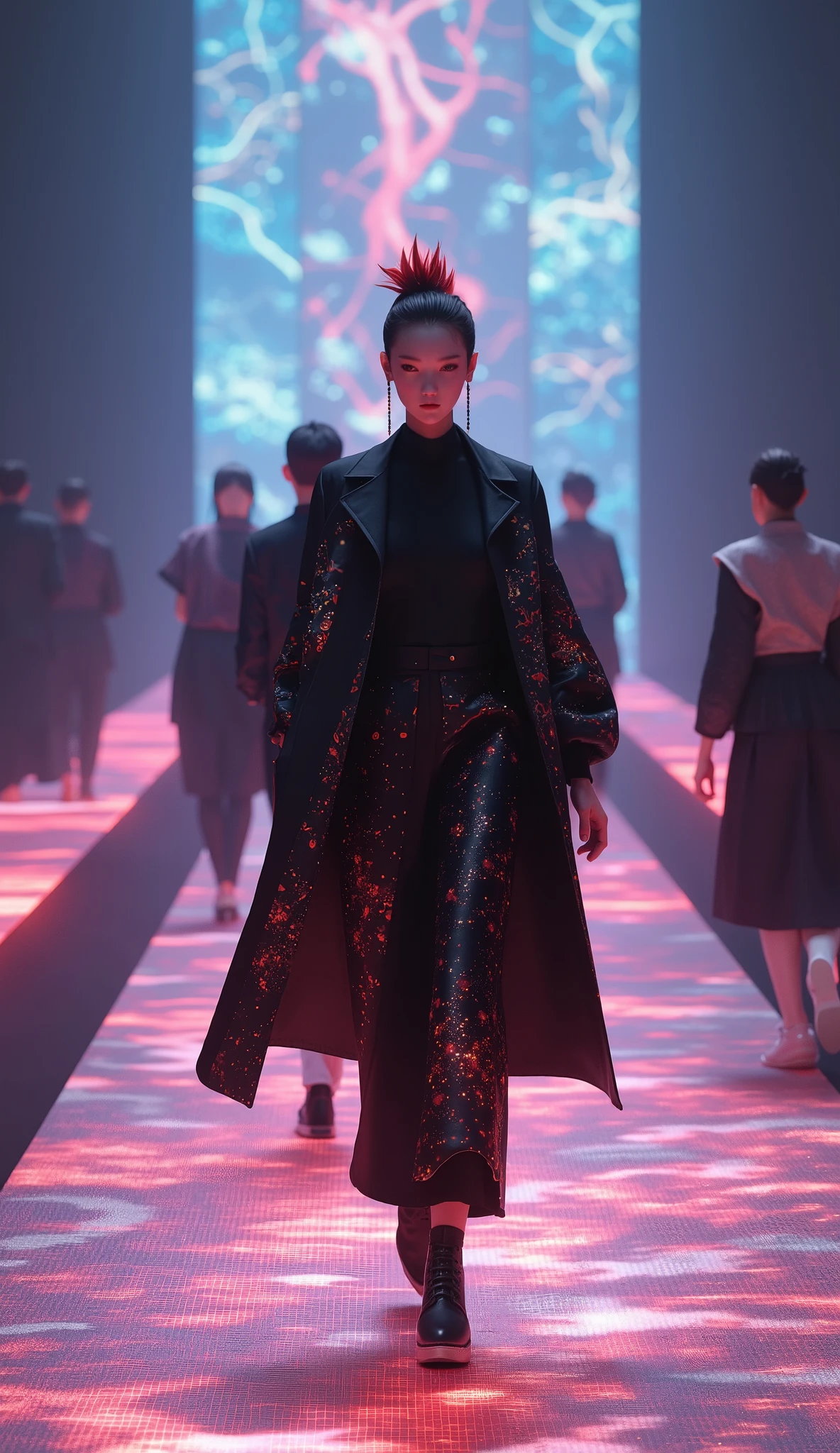 in style of Holography , portrait, let Nacha and Ao's family go on the catwalk on the same stage,The runaway Cha in a suit was very cool ,A fashion show featuring a Chinese animated character Nezha, with big watery eyes, (flame tied hair: dark red short hair bursts upwards like a burning flame, and the tail of the hair presents a charred and carbonized texture), high-end fashion windbreakers, suits,
Magic Mark: Three blood red demon lines extend from the forehead, appearing and disappearing with emotional fluctuations
Heterochromatic dual pupils: the left eye is blood red like lava, and the right eye is blue gray like black iron,
Alkane value rendering, best quality, 8k bright surface illumination for facial shooting, delicate luster, super details,