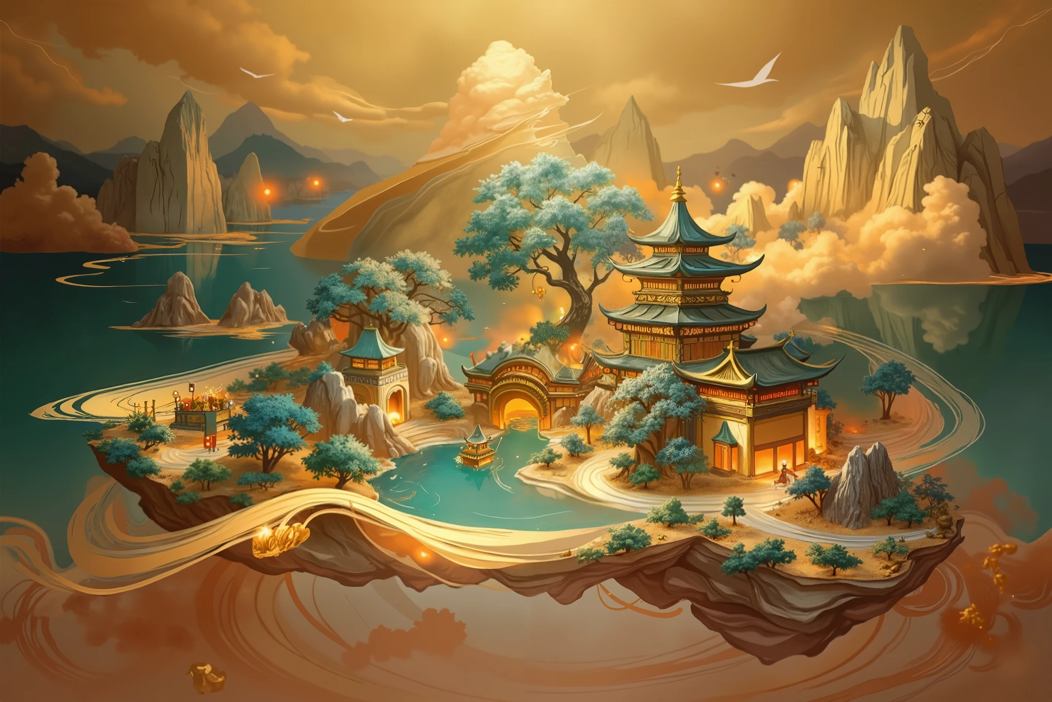 There are several green, lush plants growing on a beautiful scrolls, radiating a golden glow , some gold leaf scattered around ,Clouds and fog surround ,Mountain and Sea Ruri , Mountain and Sea Secret Volume ,Multi-level ,Ancient style ink painting,Zen,Oriental aesthetic scene,Light particle effects,Light painting rendering , noble, gorgeous, auspicious and festive style , Elegant artistic atmosphere ,Fantasy,The background is water ripples,Floating lotus leaves , There are small fish swimming in the water ,Clear texture,Flow,Fairy tale fantasy,Deep View,Gilt texture,Sprinkle gold,Particle art, super control map , HD Wallpaper, Amazing wallpapers, very 美丽的 digital art, 美丽的 digital art, Mobile Wallpaper, beautiful 精美的 digital art, Mobile Wallpaper, 精美的 digital art, trending wallpaper, The picture requires strong color contrast, digital art,There are some gold leaf chips and gold ingots scattered around the GC scene of the big game ,Light painting rendering , telephoto lens ,Electronic optical fiber , Splash Art , extreme details, professional photography technology and high-definition camera creation ,Miniature Landscape、 miniature sculpture 、Exquisite paper-cutting effect, Detailed brushstroke art style