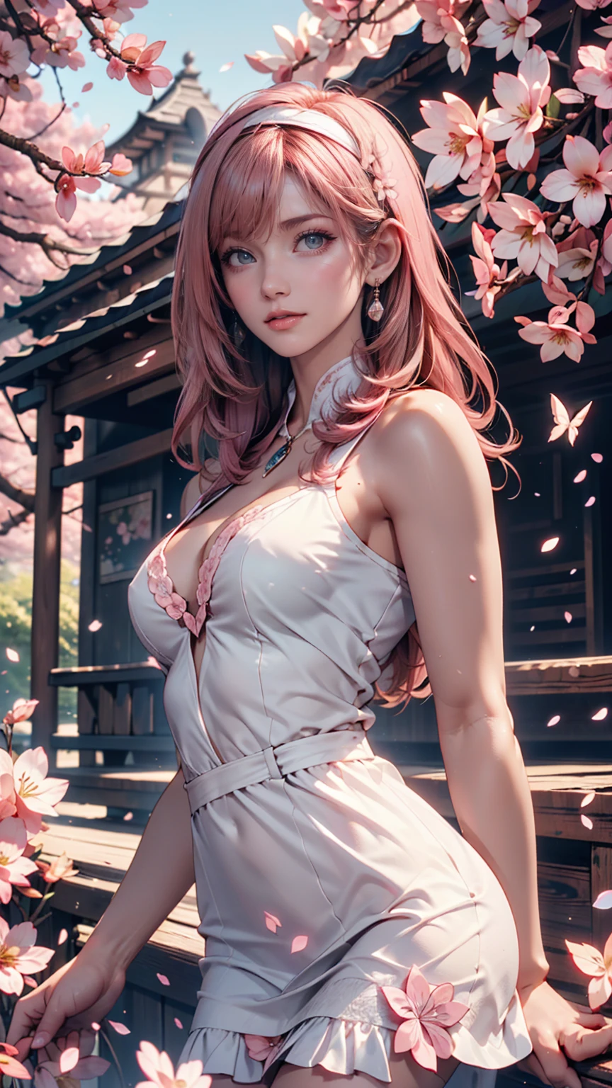 gorgeous beautiful tanned sexy brazilian girl in the most beautiful very detailed open kimono with belt and ribbons with ((long wavy pink hair)), seductive and sensual look, freckles, beautiful symmetrical face, pretty natural makeup, huge and huge accentuated breasts, huge and gigantic, cherry blossoms blowing in the wind shinto shrine background