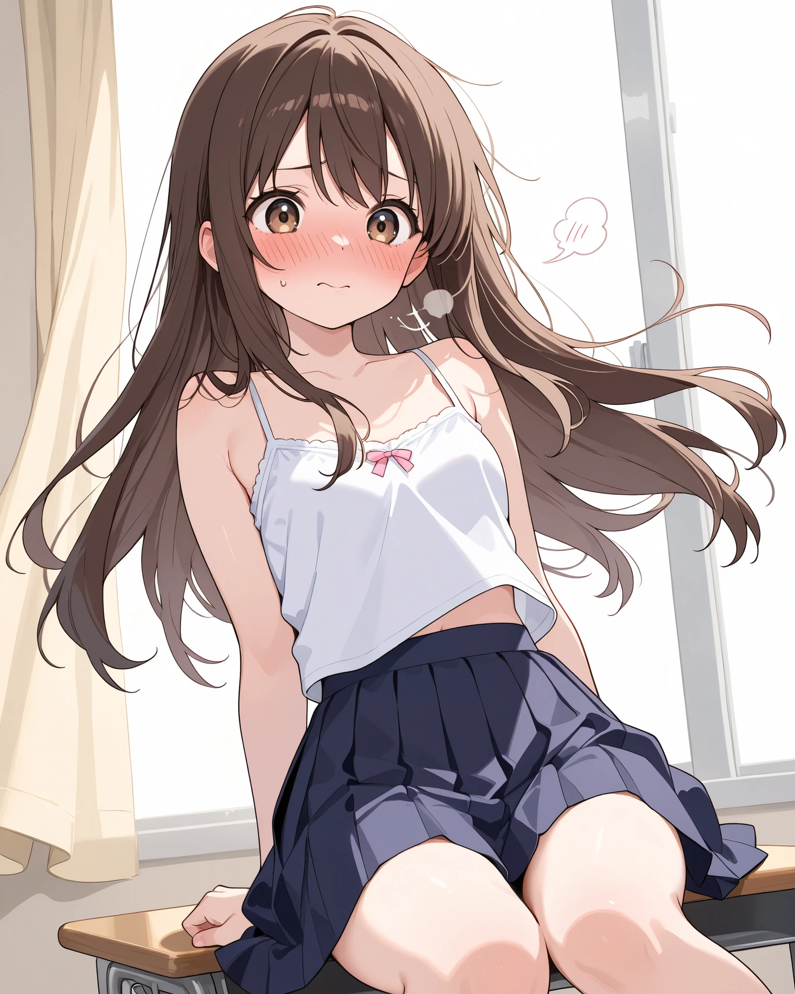A female student in a sailor uniform sitting on the floor of the gymnasium and watching a physical education class because she feels unwell,(masterpiece, best quality:1.2),illustration,8K,HD,1girl,独奏,upper body,(portrait:1.2),brown_hair,folded_ponytail,brown_eyes,serafuku,long_hair,school_uniform,skirt,pleated_skirt,