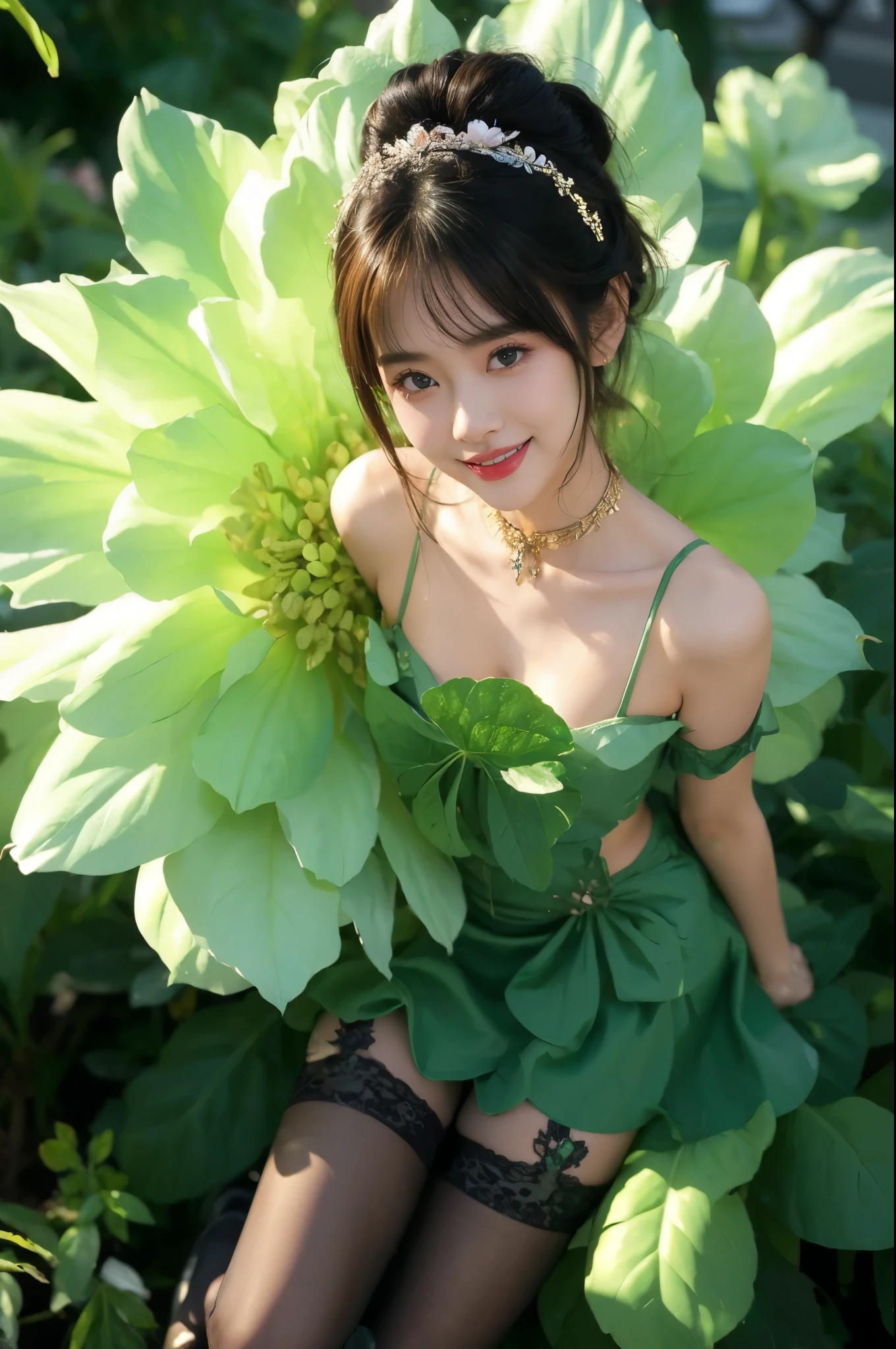 (((JPGND))), masterpiece, Highest quality, (One person), Ultra-Realistic Capture, Very detailed, High resolution 16k, ((whole body)), Round face, Cute Fairy, Tinkerbell, Dark brown eyes, Thin lips, Thin eyebrows, Flying through a spring flower field, Wearing a green strapless dress, Fly High, interesting, Happy