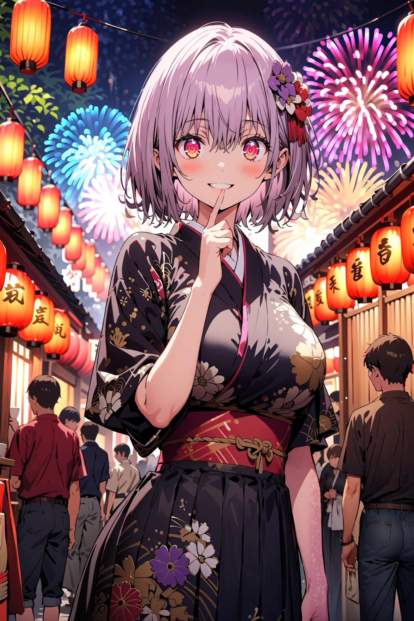 Red root heart , Red Eye Glasses, light purple hair, pink eye, short hair,flower hair ornament, smile,blush, close your mouth, big breasts,Purple flower pattern kimono , long skirt, is standing,,Japanese stalls ,Red Lantern, fireworks, fireworks display,日本のfestival,whole bodyが illustrationsに入るように,
break outdoors,festival,
break looking at viewer,whole body,( cowboy shot 1 :5),
break ( Masterpiece:1.2), top quality, high res, Unity 8k Wallpaper, ( illustrations:0.8), ( beautiful detailed eyes:1.6), highly detailed faces, perfect lighting , Extremely detailed CG, ( perfect hand, perfect anatomy),