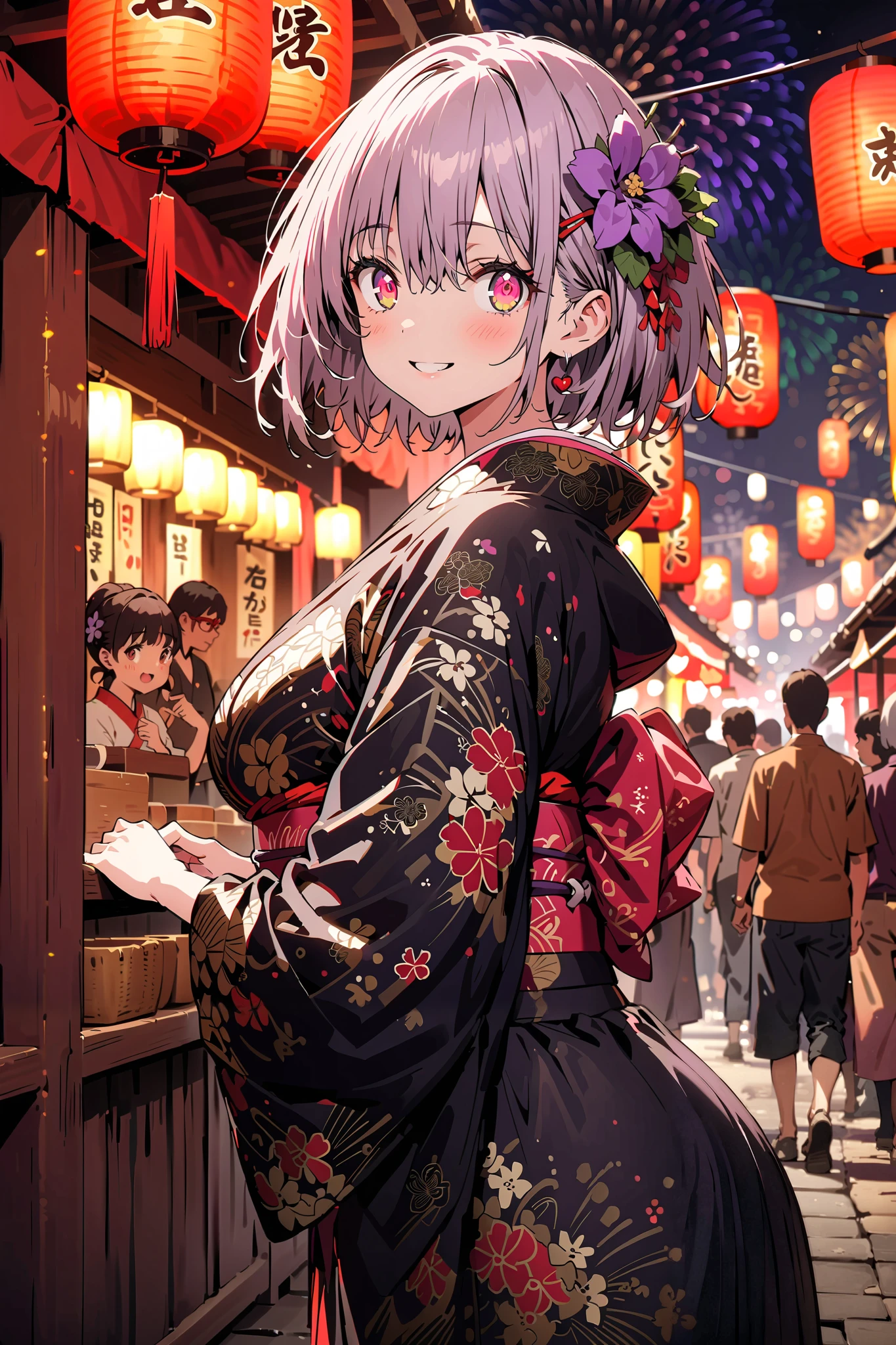 Red root heart , Red Eye Glasses, light purple hair, pink eye, short hair,flower hair ornament, smile,blush, close your mouth, big breasts,Purple flower pattern kimono , long skirt, is standing,,Japanese stalls ,Red Lantern, fireworks, fireworks display,日本のfestival,whole bodyが illustrationsに入るように,
break outdoors,festival,
break looking at viewer,whole body,( cowboy shot 1 :5),
break ( Masterpiece:1.2), top quality, high res, Unity 8k Wallpaper, ( illustrations:0.8), ( beautiful detailed eyes:1.6), highly detailed faces, perfect lighting , Extremely detailed CG, ( perfect hand, perfect anatomy),