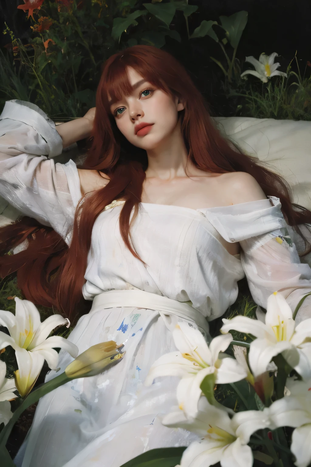 Long red hair, blue eyes, serious features, white skin, loose style, in a garden, with flowers 