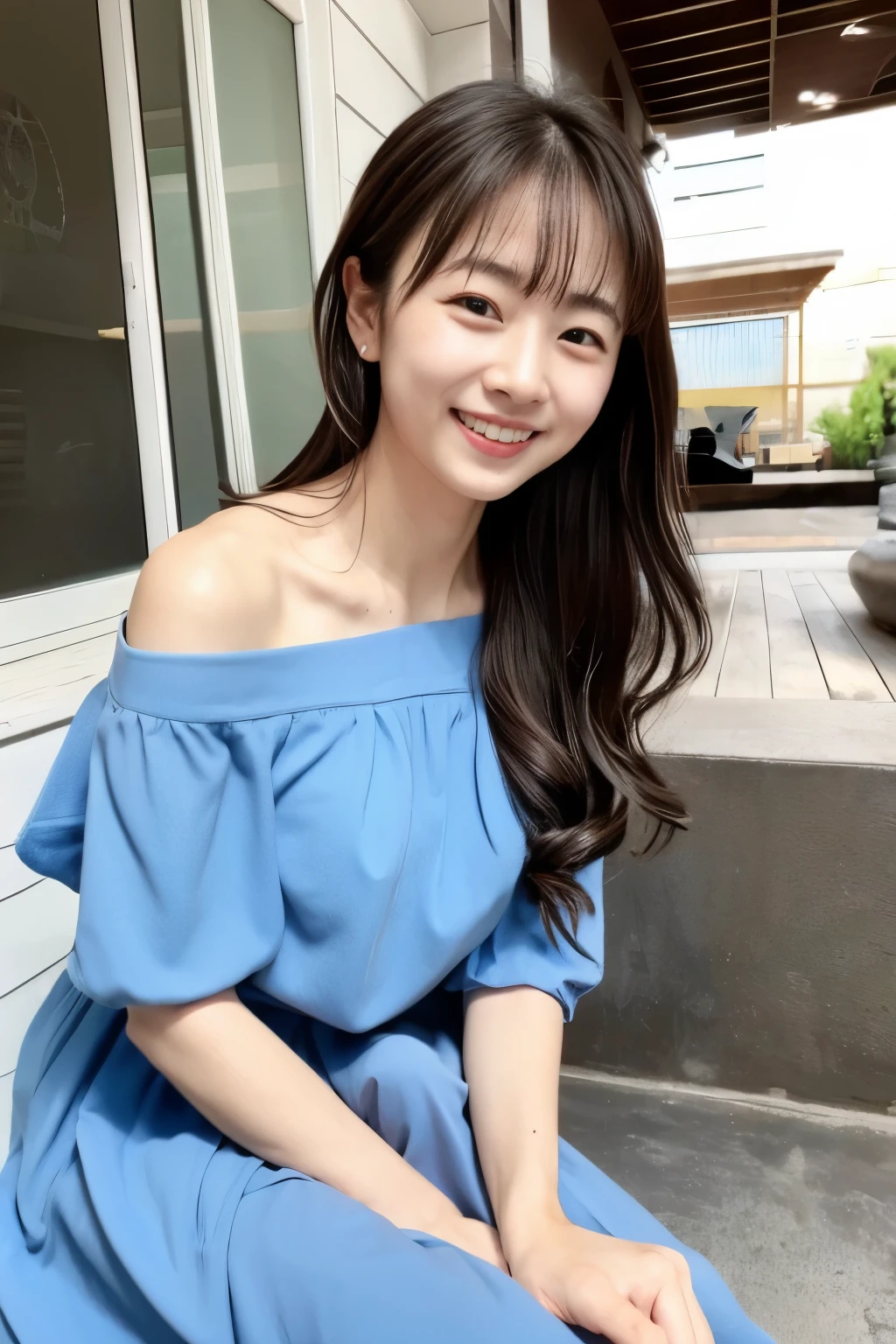 Female Japanese sitting on café terrace, Elegant, long curly hair, turn, off shoulders, large round eyes, Sunlight, with round face, With bangs, Brown eyes, narrow forehead, a baby face, Tear bag, smile, Large front teeth are slightly visible, long skirt,