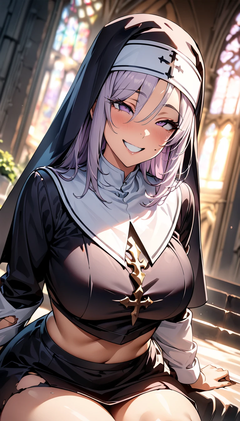 White Hair、Long Hair、Purple Eye、very, very big breasts、Nipples、breast milk squirting、Erect nipples、Face after climax、smile、Soaking wet、Peeing、Mole on upper chest、Nipple Pochi、(Nuns)、(Sister)、(church)