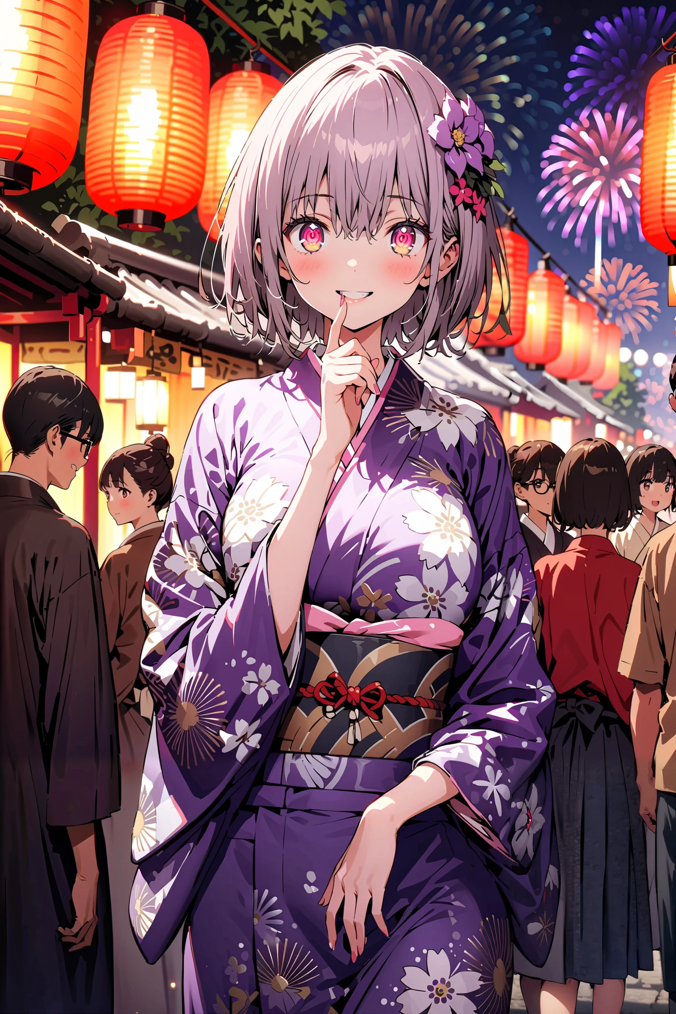 Red root heart , Red Eye Glasses, light purple hair, pink eye, short hair,flower hair ornament, smile,blush, close your mouth, big breasts,Purple flower pattern kimono , long skirt, is standing,,Japanese stalls ,Red Lantern, fireworks, fireworks display,日本のfestival,whole bodyが illustrationsに入るように,
break outdoors,festival,
break looking at viewer,whole body,( cowboy shot 1 :5),
break ( Masterpiece:1.2), top quality, high res, Unity 8k Wallpaper, ( illustrations:0.8), ( beautiful detailed eyes:1.6), highly detailed faces, perfect lighting , Extremely detailed CG, ( perfect hand, perfect anatomy),