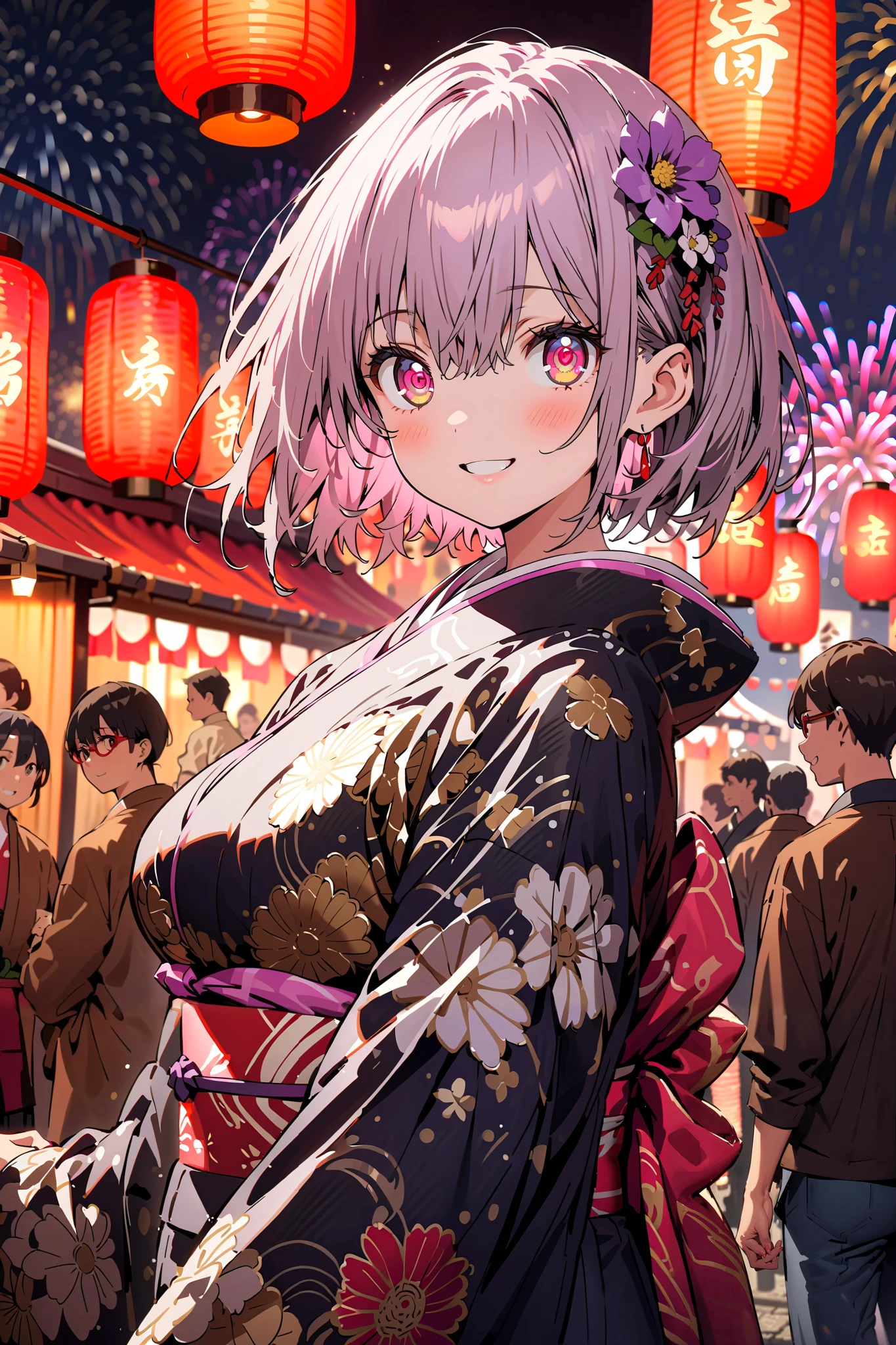 Red root heart , Red Eye Glasses, light purple hair,  pink eye,  short hair,flower hair ornament, smile,blush, close your mouth, big breasts,Purple flower pattern kimono , long skirt, is standing,,Japanese stalls ,Red Lantern,  fireworks, fireworks display,日本のfestival,whole bodyが illustrationsに入るように,                                                       
 break outdoors,festival,
break looking at viewer,whole body,( cowboy shot 1 :5),
break ( Masterpiece:1.2),  top quality,  high res,  Unity 8k Wallpaper, ( illustrations:0.8), ( beautiful detailed eyes:1.6),  highly detailed faces,   perfect lighting , Extremely detailed CG, ( perfect hand,  perfect anatomy),