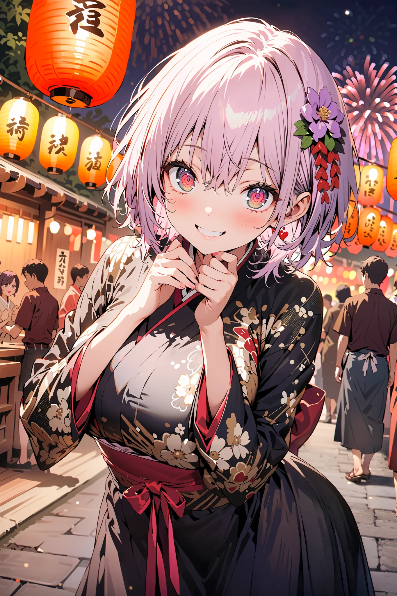 Red root heart , Red Eye Glasses, light purple hair, pink eye, short hair,flower hair ornament, smile,blush, close your mouth, big breasts,Purple flower pattern kimono , long skirt, is standing,,Japanese stalls ,Red Lantern, fireworks, fireworks display,日本のfestival,whole bodyが illustrationsに入るように,
break outdoors,festival,
break looking at viewer,whole body,( cowboy shot 1 :5),
break ( Masterpiece:1.2), top quality, high res, Unity 8k Wallpaper, ( illustrations:0.8), ( beautiful detailed eyes:1.6), highly detailed faces, perfect lighting , Extremely detailed CG, ( perfect hand, perfect anatomy),