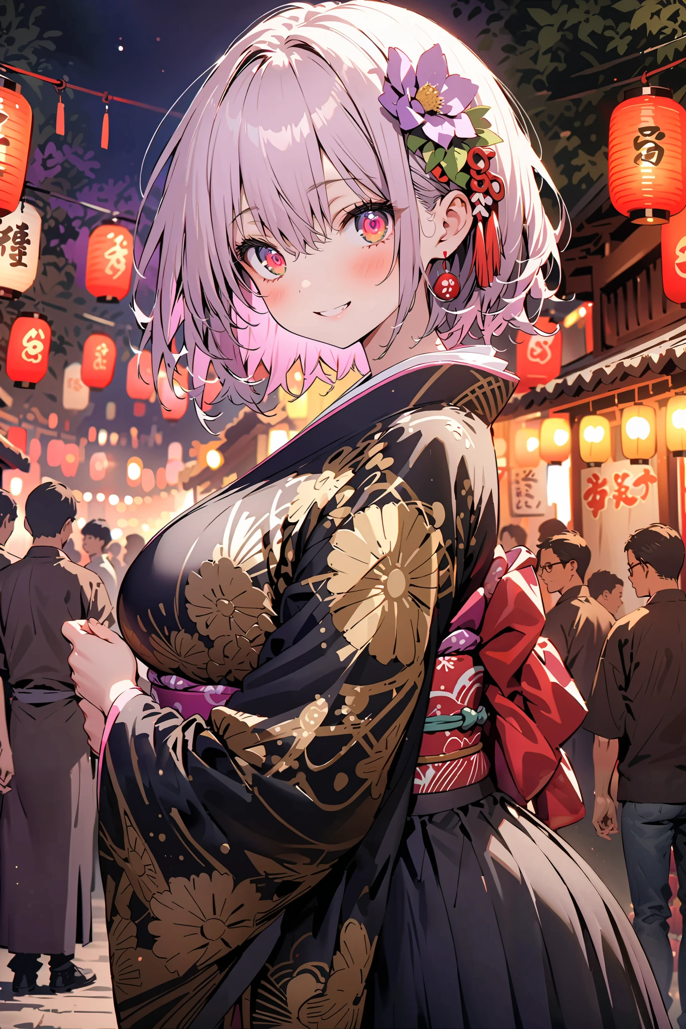 Red root heart , Red Eye Glasses, light purple hair,  pink eye,  short hair,flower hair ornament, smile,blush, close your mouth, big breasts,Purple flower pattern kimono , long skirt, is standing,,Japanese stalls ,Red Lantern,  fireworks, fireworks display,日本のfestival,whole bodyが illustrationsに入るように,                                                       
 break outdoors,festival,
break looking at viewer,whole body,( cowboy shot 1 :5),
break ( Masterpiece:1.2),  top quality,  high res,  Unity 8k Wallpaper, ( illustrations:0.8), ( beautiful detailed eyes:1.6),  highly detailed faces,   perfect lighting , Extremely detailed CG, ( perfect hand,  perfect anatomy),