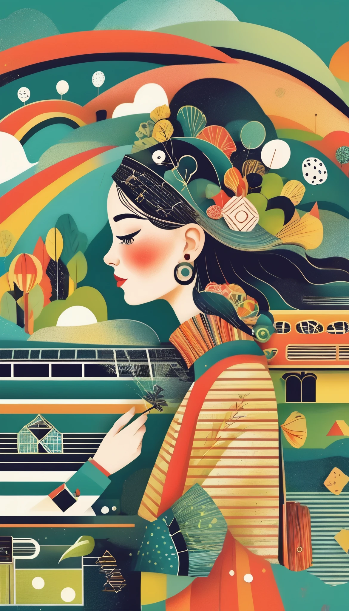 (Long Shot: 1.8), ( masterpiece, Best Quality : 1.2), (Flat vector: 1.3), art concept illustration , Minimalist, Minimalist风格, Chinese elements,Chinese grandpa,Granny,(Trolley case ), (Poker), 一个女孩的头上装饰着许多五颜六色的 Poker,sunglasses,straw hat, banner, and hair with bus and road elements , with various patterns and fonts , ( The neck blends with the scattered racetrack ), ( sports trail ), Rainbow Alley fantasy illustration , evokes the charm of crazy travel . The background blends with her hair , 肖像和Poker元素拼凑在一起, for imaginative illustrations , Dream concept ,