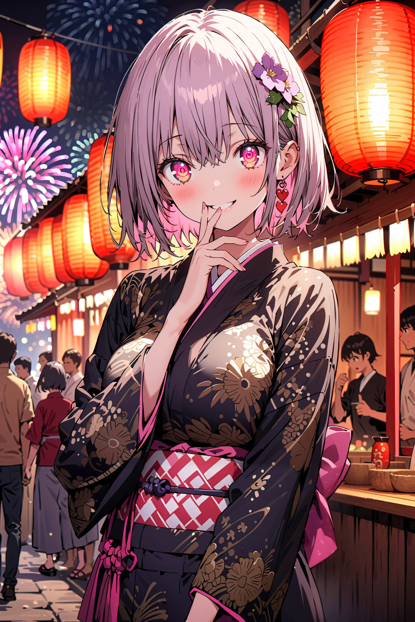 Red root heart , Red Eye Glasses, light purple hair, pink eye, short hair,flower hair ornament, smile,blush, close your mouth, big breasts,Purple flower pattern kimono , long skirt, is standing,,Japanese stalls ,Red Lantern, fireworks, fireworks display,日本のfestival,whole bodyが illustrationsに入るように,
break outdoors,festival,
break looking at viewer,whole body,( cowboy shot 1 :5),
break ( Masterpiece:1.2), top quality, high res, Unity 8k Wallpaper, ( illustrations:0.8), ( beautiful detailed eyes:1.6), highly detailed faces, perfect lighting , Extremely detailed CG, ( perfect hand, perfect anatomy),