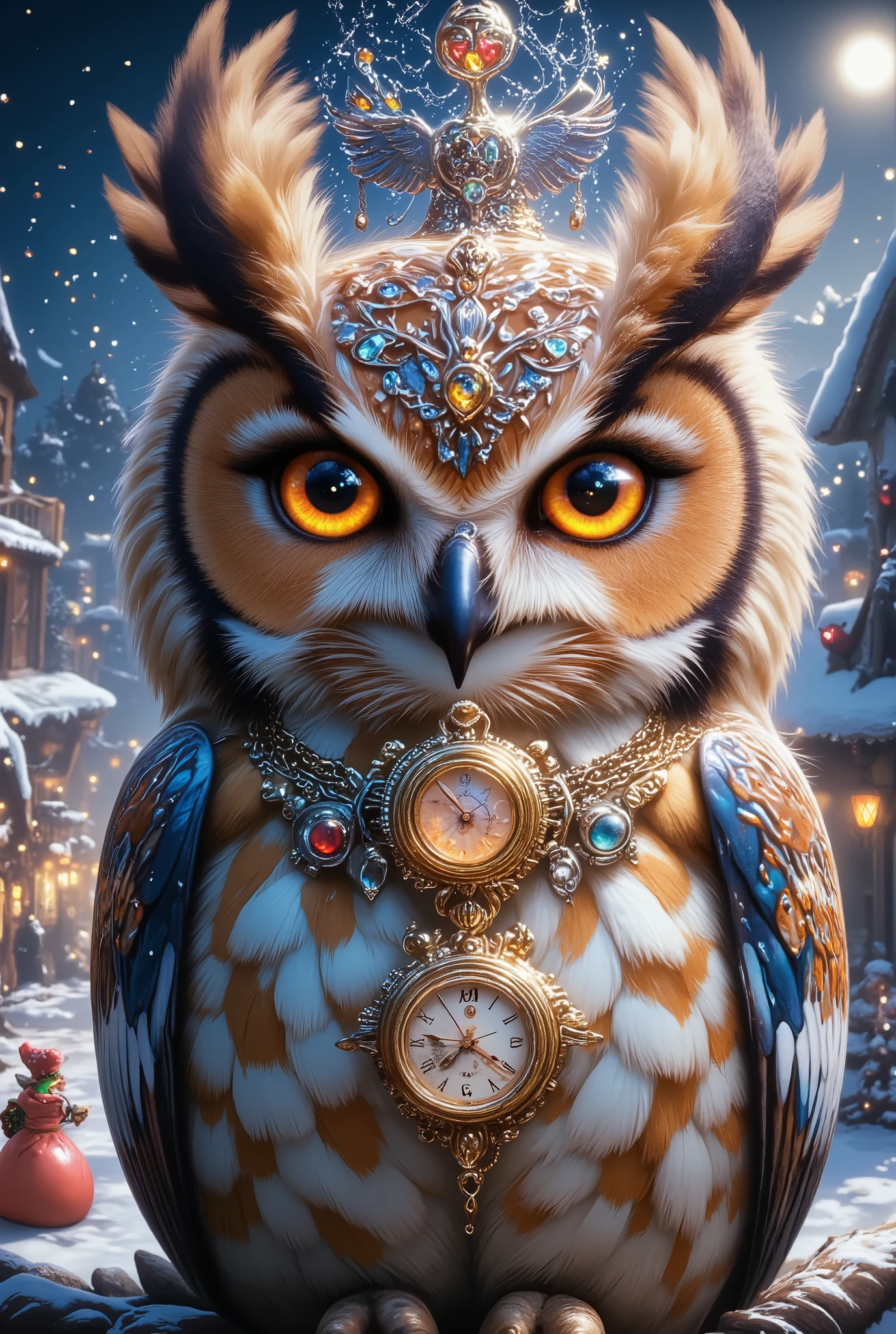 Beautiful Big Owl with big eyes , With bright yellow eyes , beautiful feathers with golden plumage , sits on a branch, on the Neck Weighs a pendant on a gold chain thin on a chain a small watch with a mechanism , looks at the viewer, It's snowing, magic, You can see a small town with Christmas trees and Elves loading gifts in a big red bag, bright colors, intricate details , masterpiece, 16K, best quality, As detailed as possible ,