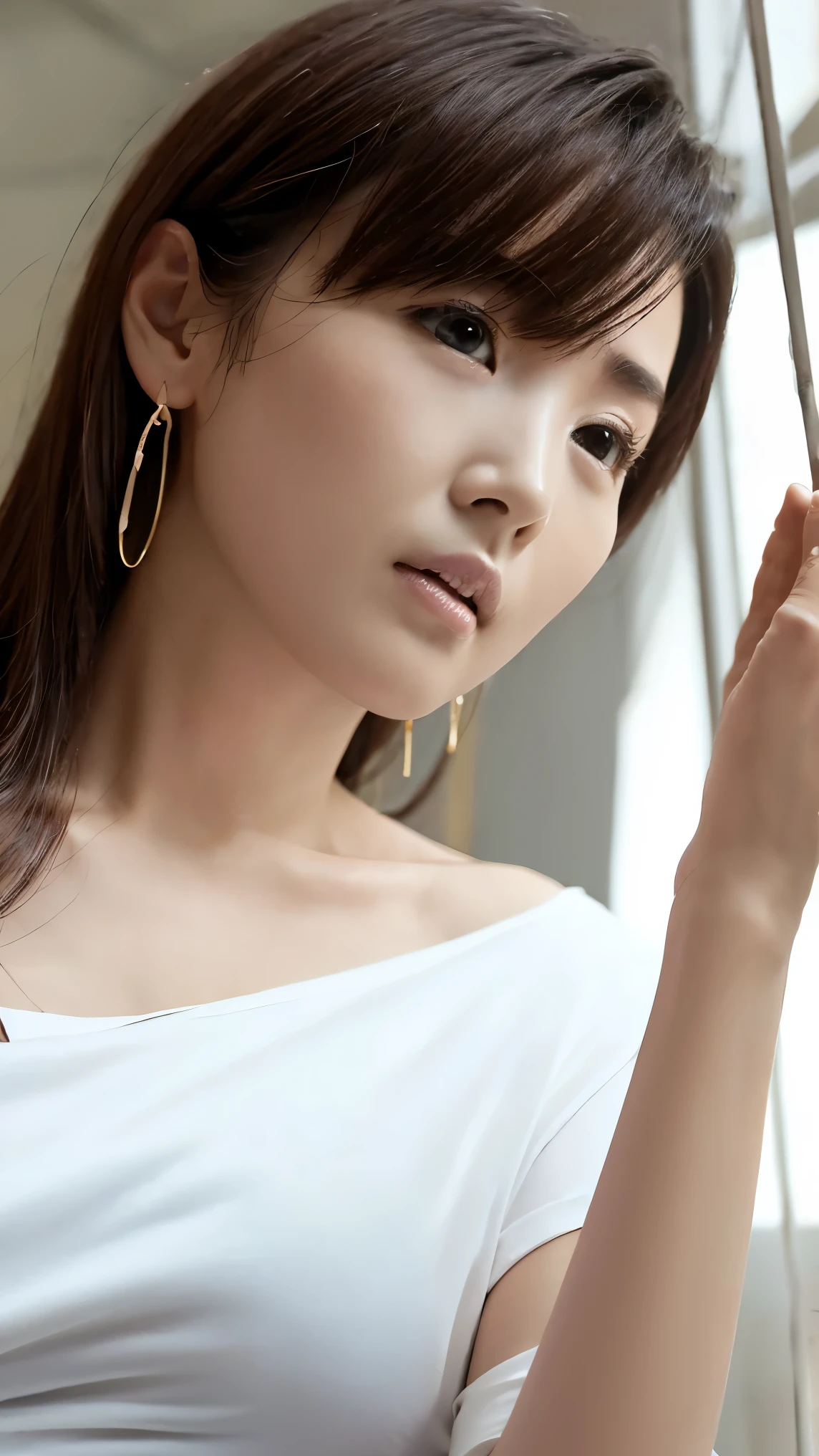 serious expression、 perfect fingertips, please raise your arms 、 random pose、( big breasted)、Shabby White T shirt、 high res, high quality, 最 high quality, very detailed, by Nomi, 8k, RAW Photo, 最 high quality, The appeal of masterpieces , wonderful, Hair, Wear it up to your shoulders , mesh hair, Japanese idol, Sophisticated, stylish, slim、