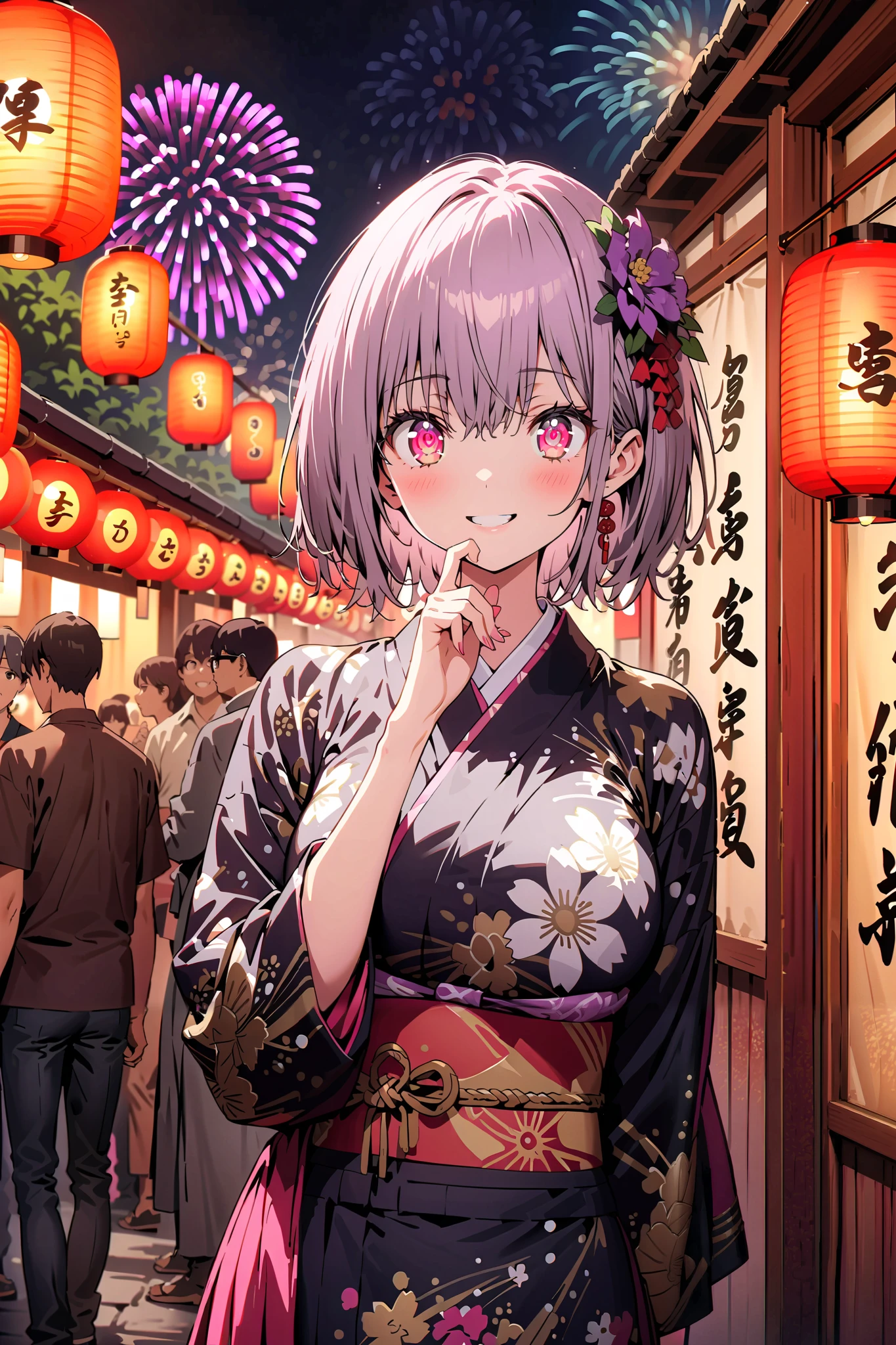 Red root heart , Red Eye Glasses, light purple hair, pink eye, short hair,flower hair ornament, smile,blush, close your mouth, big breasts,Purple flower pattern kimono , long skirt, is standing,,Japanese stalls ,Red Lantern, fireworks, fireworks display,日本のfestival,whole bodyが illustrationsに入るように,
break outdoors,festival,
break looking at viewer,whole body,( cowboy shot 1 :5),
break ( Masterpiece:1.2), top quality, high res, Unity 8k Wallpaper, ( illustrations:0.8), ( beautiful detailed eyes:1.6), highly detailed faces, perfect lighting , Extremely detailed CG, ( perfect hand, perfect anatomy),